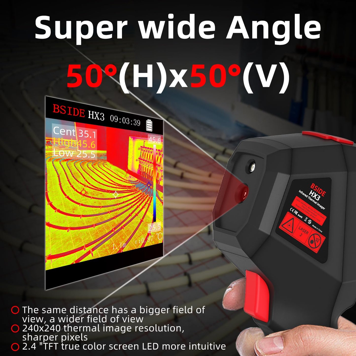 BSIDE Thermal Imaging Camera 240×240 Resolution 15 Color Palettes Infrared Thermal Camera -4°F to 1022°F 25Hz Rechargeable Handheld Thermal Imager with Laser Pointer 50°FOV for Home Inspection HVAC