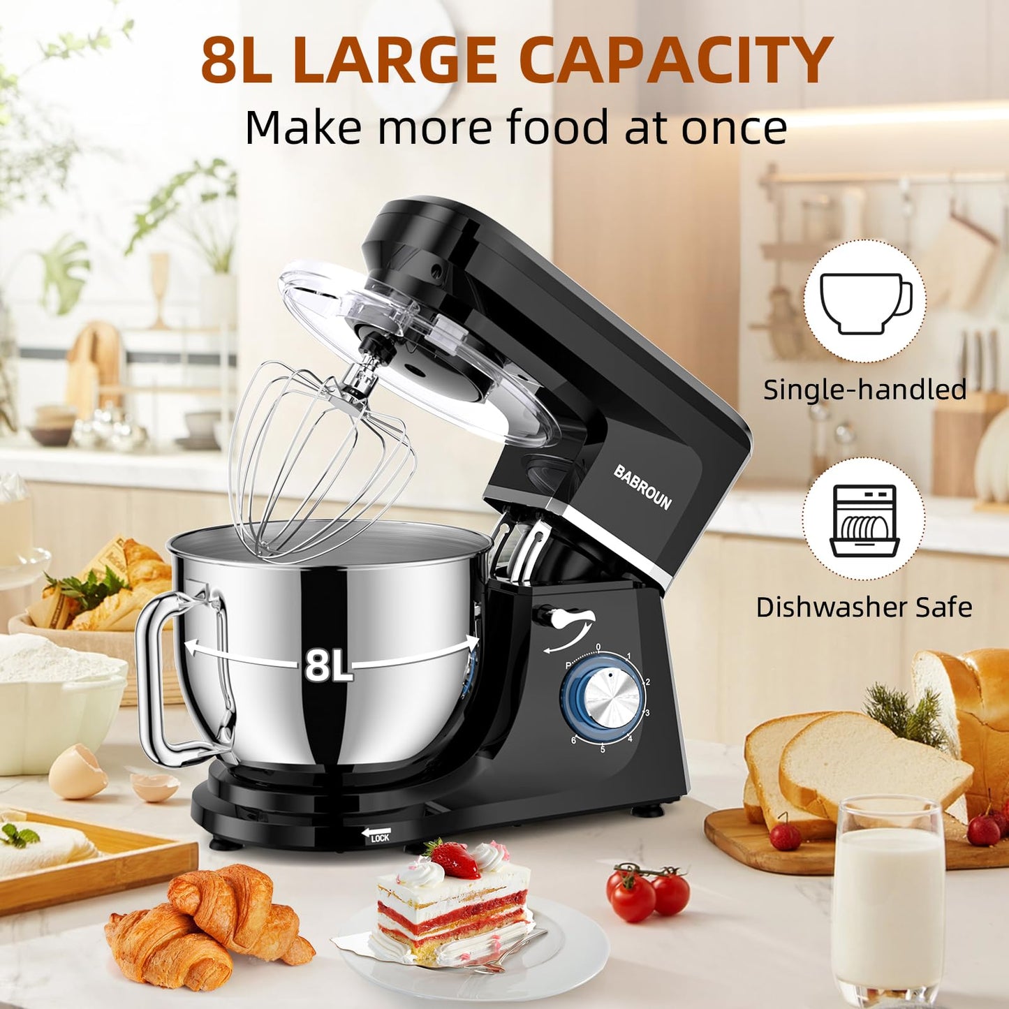 Babroun Dough Mixer 8.45 QT Electric Mixer - 660W 6 Speed Large Capacity Kitchen Stand Mixer with Whisk Dough Hook Mixing Beater Household Food Mixer for Baking Cakes Cookie Bread Salad