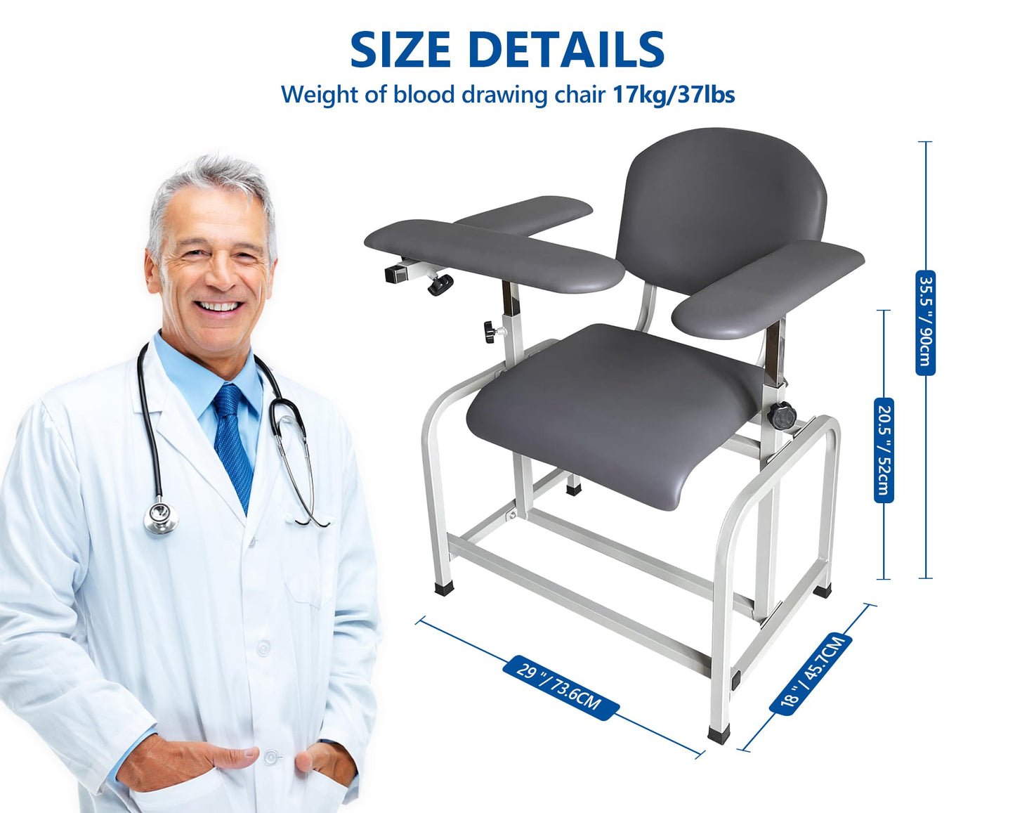 Helsevesen Blood Drawing Phlebotomy Chair, Comfortable Padded Lab Draw Chair with Adjustable Armrest (Grey-24.08)