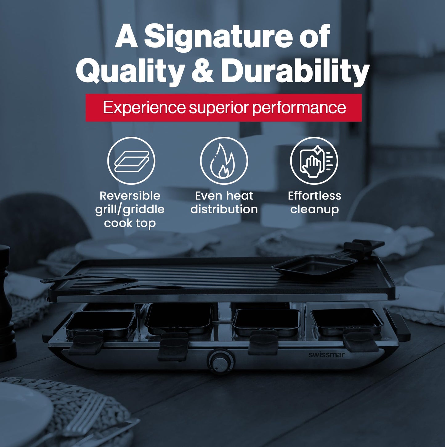 Swissmar Geneva Raclette Grill with Reversible Cast Aluminum Grill Top - Perfect for outdoor & Indoor Electric Raclette Grill & Griller - Barbeque Bonding - 8-Person