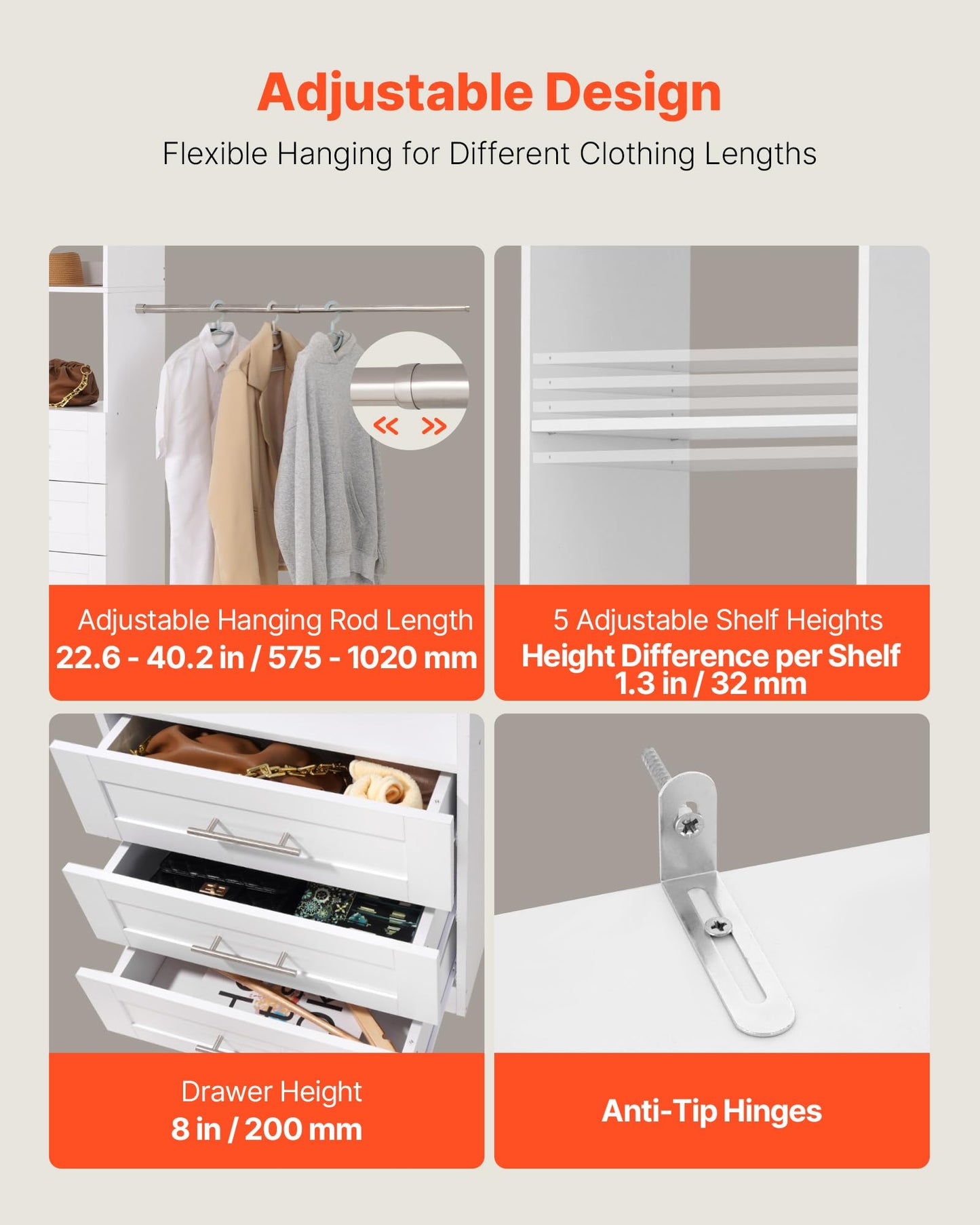 VEVOR Closet System with 3 Drawers, Adjustable Height Wooden Closet Organizers, Modern Walk-in Wardrobe Organization with 4 Retractable Clothes Hanger Rods, Freestanding Garment Rack Storage, White