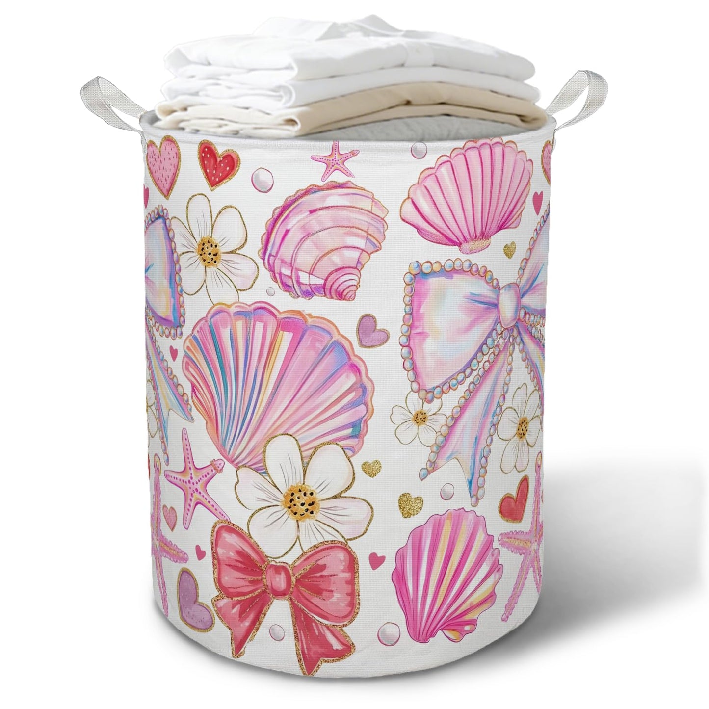 TAZSWDMM Preppy Bow Coastal Beach Laundry Basket Hamper, Coquette Seashell Starfish Ocean Foldable Clothes Toys Books Storage Box Bins Baskets Organizer for Girls Dorm Room Bathroom Home