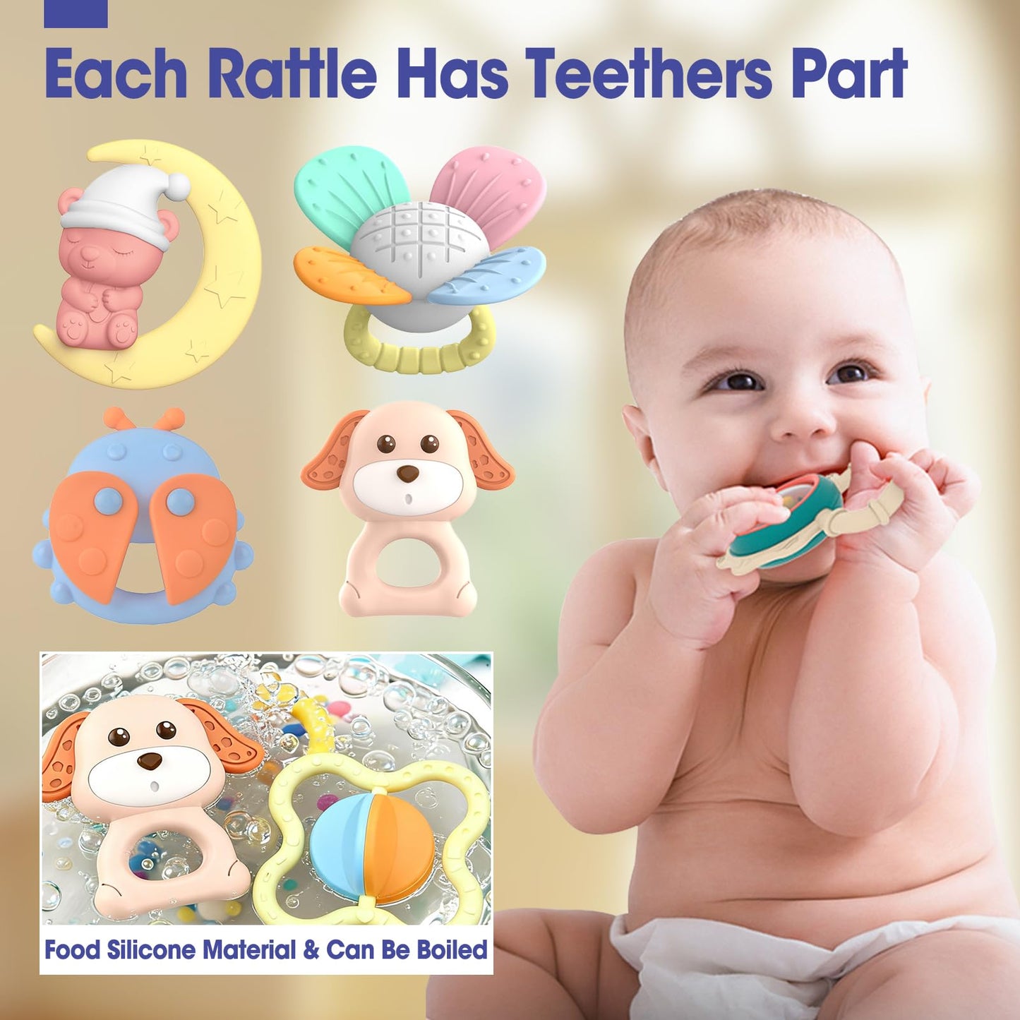 AZEN 16 Pack Baby Rattles Teething Toys 3-6 Months, Baby Toys 0-6 Months, Newborn Infant Toys 6-12 Months, Essentials Must Haves Wrist Socks Toddler Stocking Stuffers Christmas Gifts (Pink)