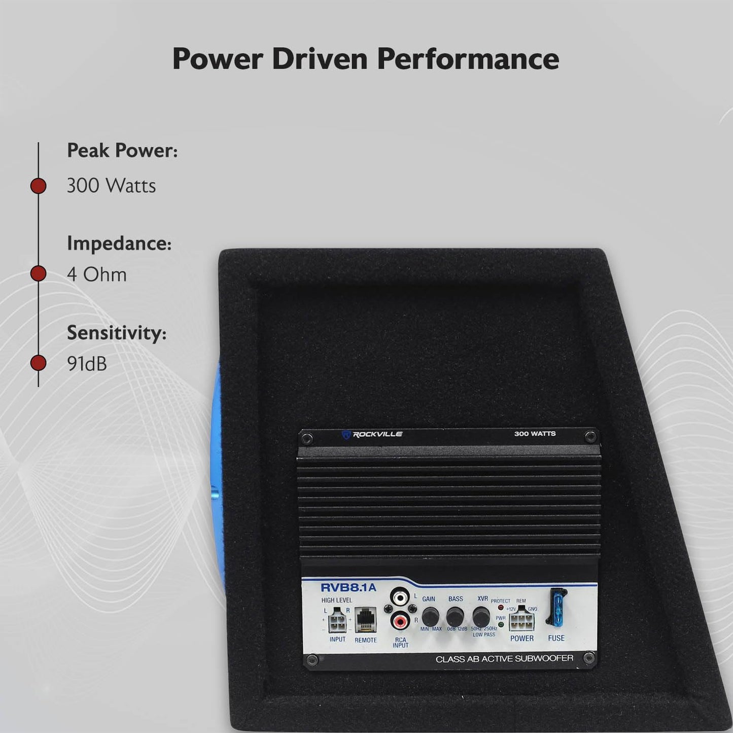 Rockville RVB8.1A 8 Inch 300W Powered Car Subwoofer/Sub Enclosure Box, 4-Ohm, Compact Design, Deep Bass, Wired Bass Remote, for Car Audio Enthusiasts