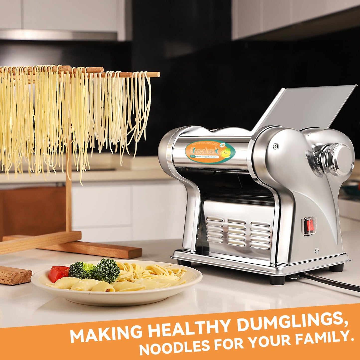 Newhai Electric Family Pasta Maker Machine Noodle Maker Pasta Dough Spaghetti Roller Pressing Machine Stainless Steel 135W for Home Use (1.5mm round noodle+4mm flat noodle)