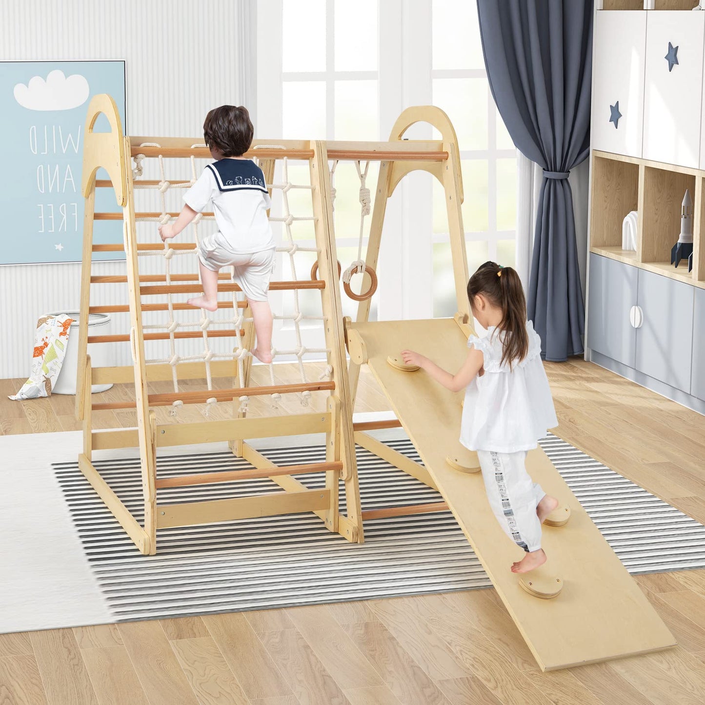 INFANS 7 in 1 Kids Indoor Playground, Wooden Montessori Climber Playset with Tent Slide Climbing Rock Climbing Net, Playground Jungle Gym Structure Climbing Toys for Toddlers Boys Girls