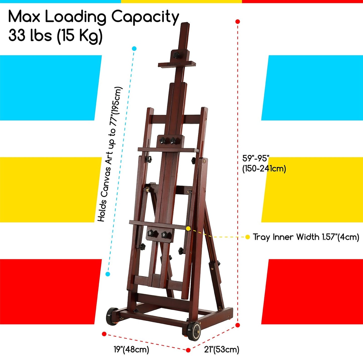 MEEDEN Multi-Function Studio Easel,H-Frame Easel,Painting Easel for Adults,Artist Easel,Floor Easel,Solid Beech Wooden Easels w/Front Wheels,Holds Canvas Art up to 77" - Walnut