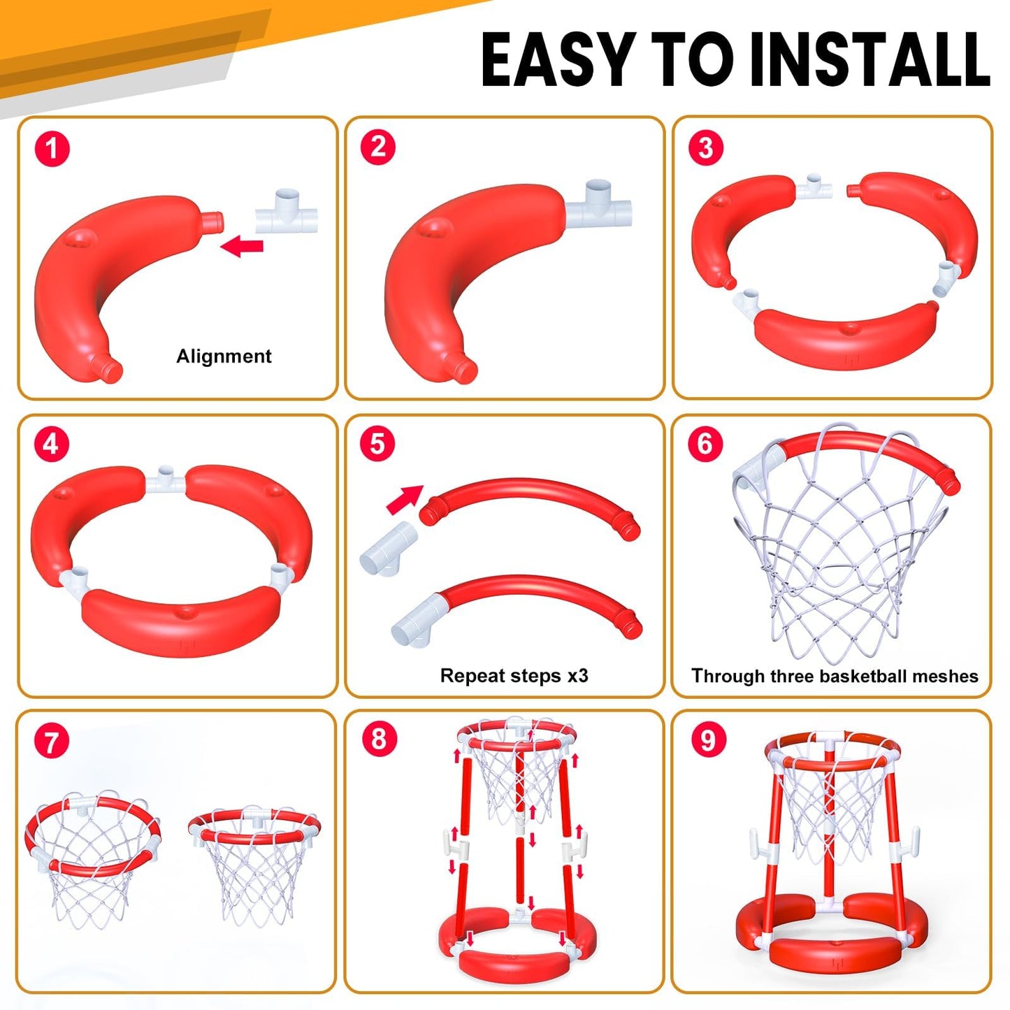 SpringFlower Pool Basketball Hoop,Floating Pool Toys Ring Game with Ring Toss, Balls and Pump, 2-in-1 Summer Outdoor Swimming Pool Basketball Games Play Toy Family Party for Kids Adults, Red