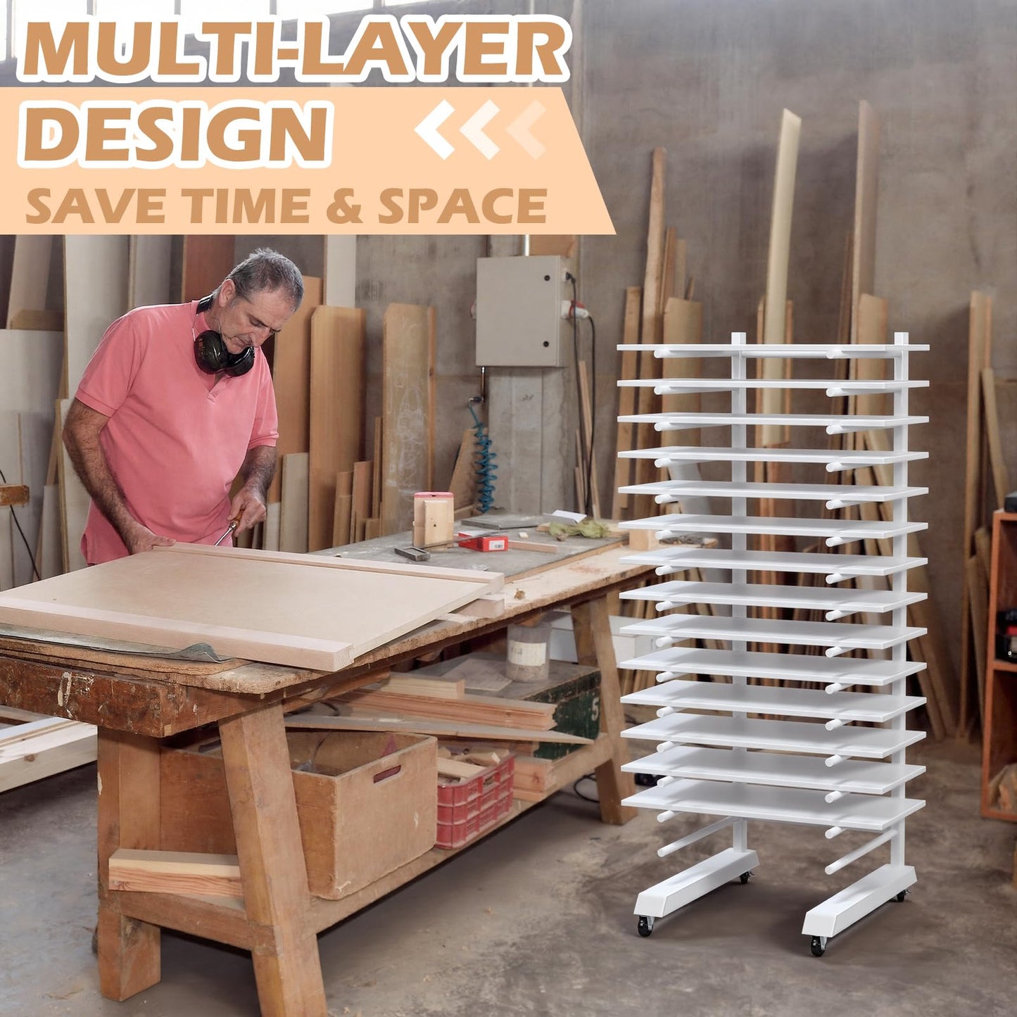 Colingmill 1 Pack 15 Tier Cabinet Doors Paint Drying Rack with Casters 16 in Rods 20 in Base White Powder Coated Iron Detachable Crossbars Space Saving for Painted Wood Panels Doors