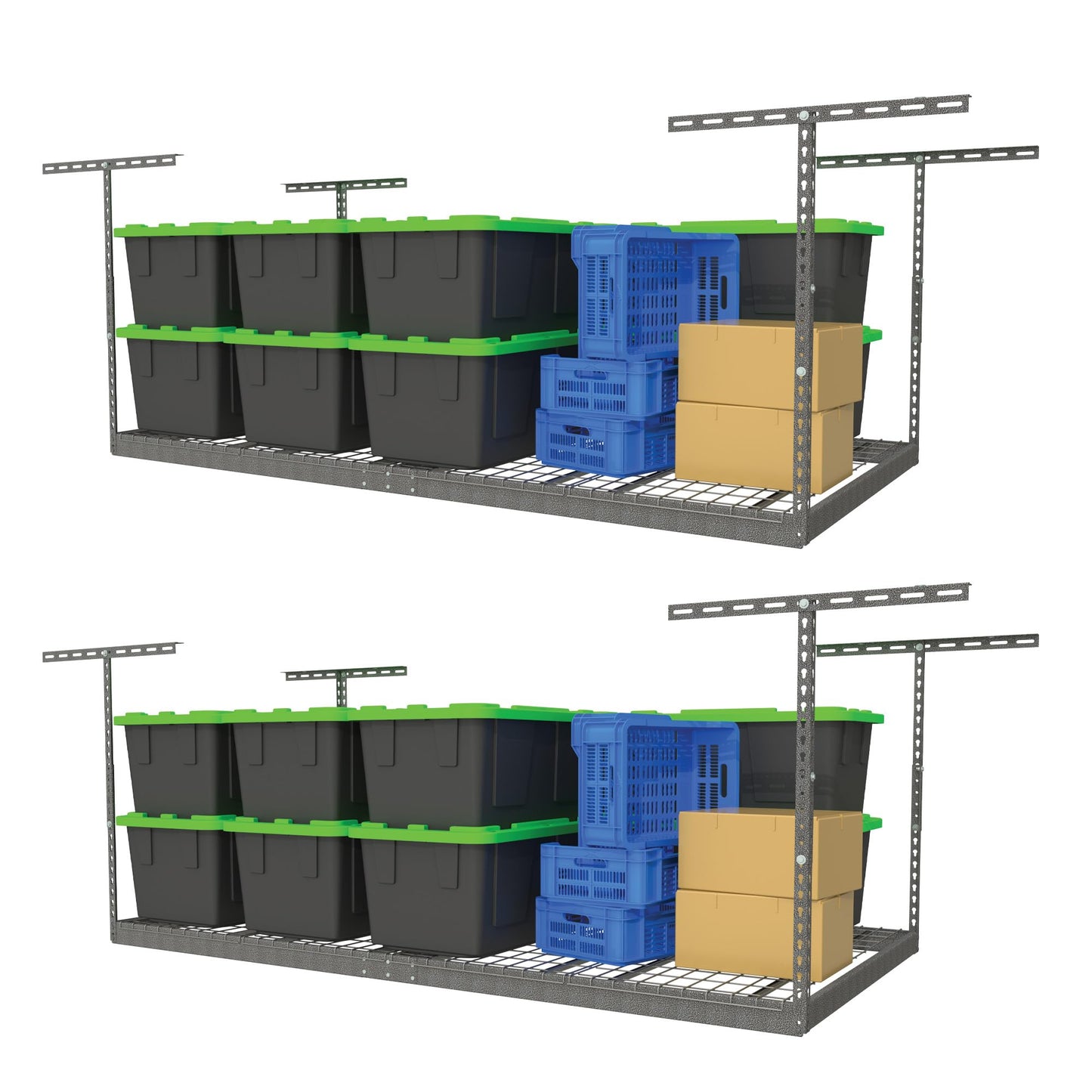 2-Pack 4 x 8 MonsterRax Overhead Garage Storage Rack, Ceiling Racks for Garage, Organization Shelving, Adjustable Hanging Shelf, Grey, 12"-21" Height Adjustment