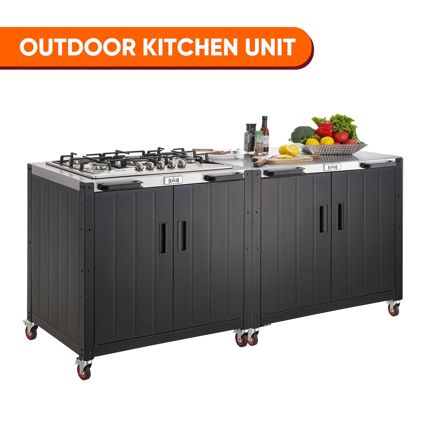 Feasto Gas Grill, Movable Outdoor Gas Stove Stainless Steel Top with Cabinet, 5 Burners with 36,200 BTUs, Outdoor Propane Grill for Outdoor Cooking, Ideal for Lawn & Garden, L35.4 x W24
