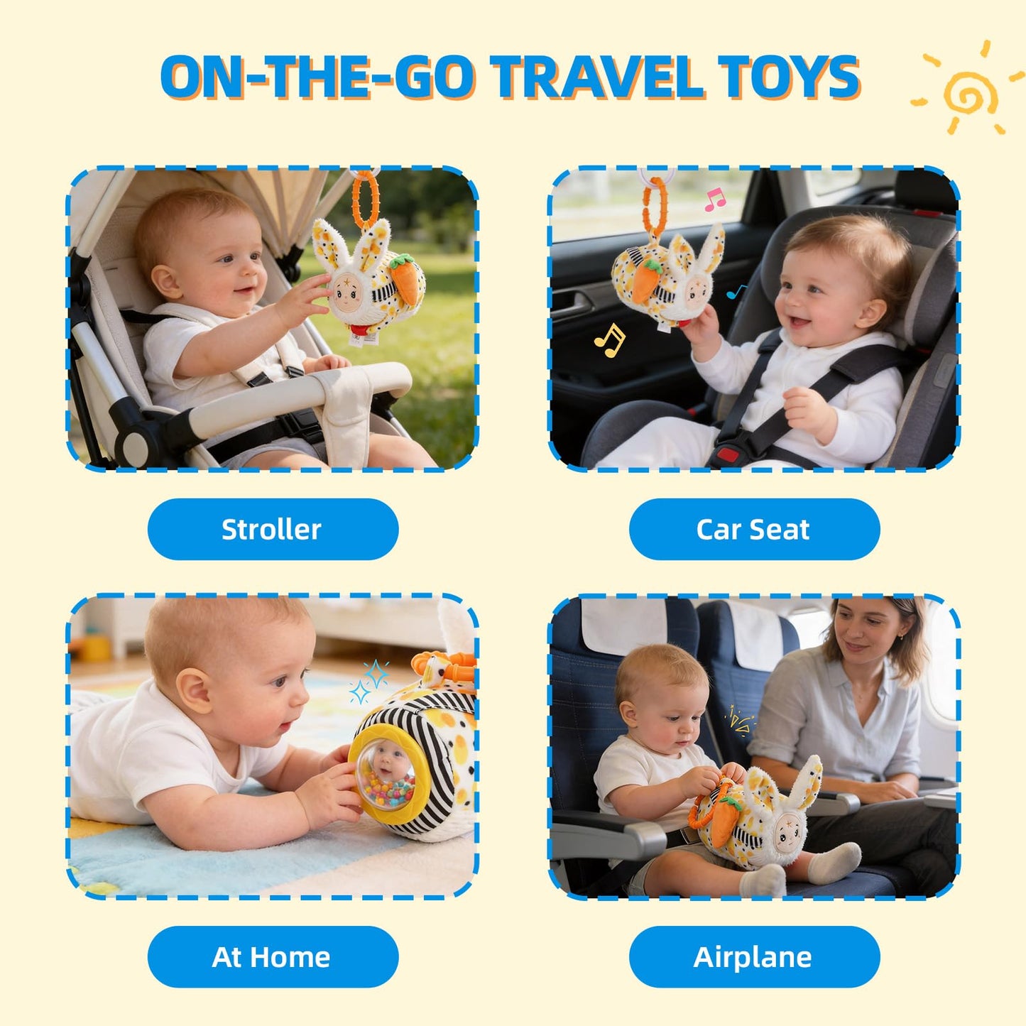 littlove Baby Car Seat Toys Hanging-Carseat Bunny Cube Toy, Infant Sensory Toys for 6 7 8 9 10 11 12 Months, Travel Activity with Rattle, Montessori Plush Newborn Girl Boy Gifts