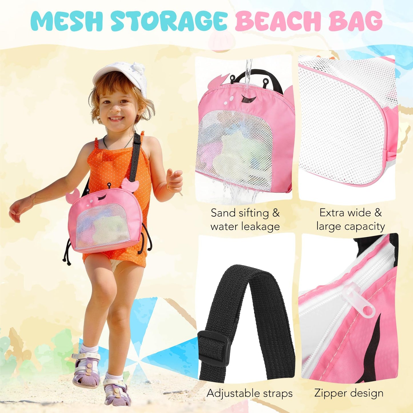 Guiqulai Summer Beach Toys Set for Kids Collapsible Sand Bucket Shovels Crab Molds Mesh Bag Outdoor Sandbox Water Play Toys for Boys Girls Travel Essential