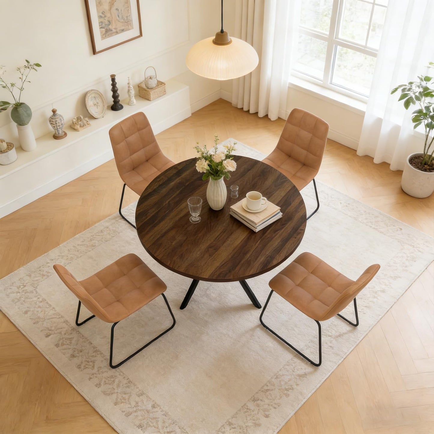 domusdisn 44" Round Dining Table with Cozy Chair Set for 4, Modern Mid-Century Dining Table Set of 4, Dinette Sets with Metal Leg for Kitchen Dining Room Apartment(Walnut Table + Brown Chairs)