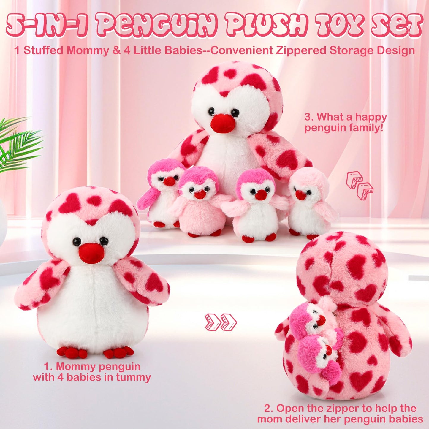 Harrycle 5 Pcs Penguin Plush Toy Set 14 Inch Mommy Penguin Stuffed Animal with 4 Cute Babies in Zippered Belly Soft Cuddly Plushie for Kids Birthday Gifts Party Favors(Heart Style)