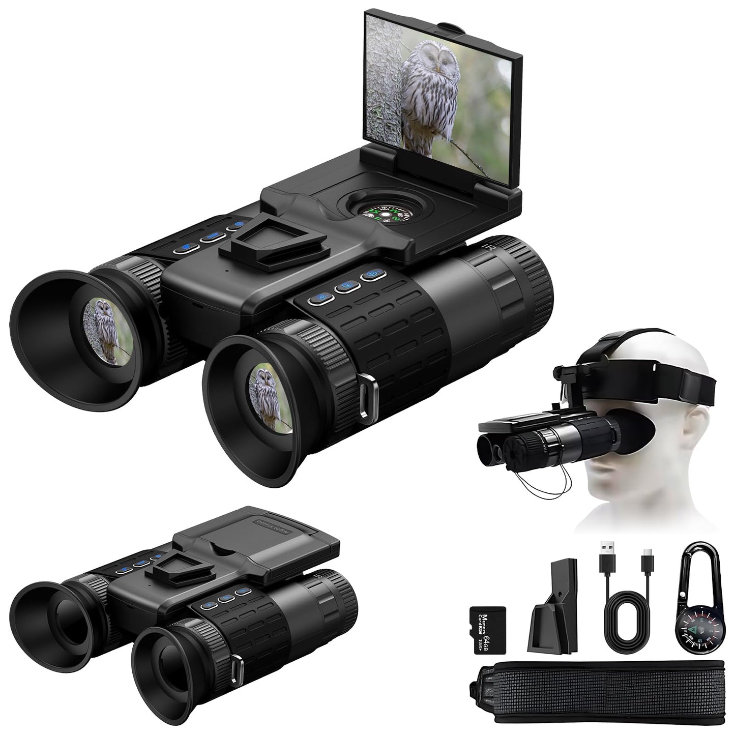 Head-Mounted Night Vision Goggles for Adults, Dual Screen Viewing 4K Video 48MP Photo Taking, 8X Digital Zoom, Military Night Vision Binoculars 1968FT Viewing Range, with 64GB Card