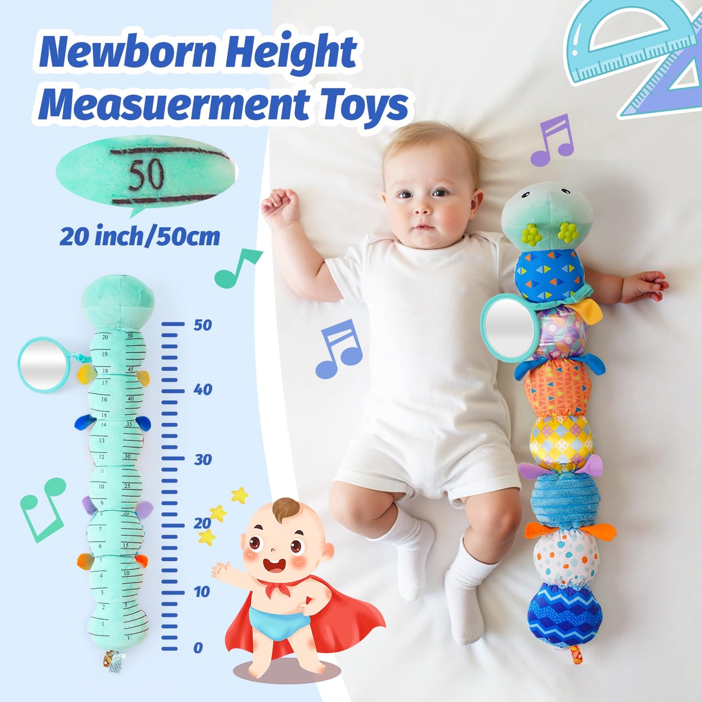 Baby Toys 0-6 Month, Musical Caterpillar Rattle, Infants Sensory Toy with Mirror Crinkle Textures, Newborn Developmental Tummy Time Stuffed Plush Animal toys for Babies Boys Girls 3-6-12 Months (Blue)