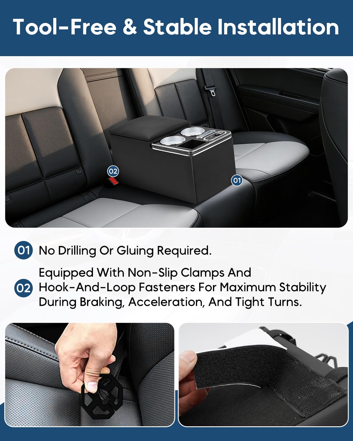 CEMOFE Upgraded Center Console, Wireless Charging Phone Holder & Cup Holders Armrest Organizer for Car Minivan Truck Van, Universal Rear Bench Seat Storage Box with 7 Modes LED Light