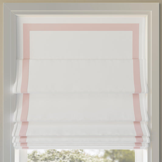 Sun Zero Marline Pink Ribbon Border 100% Total Blackout Cordless Roman Shade, Pink/White, 35" W x 64" H