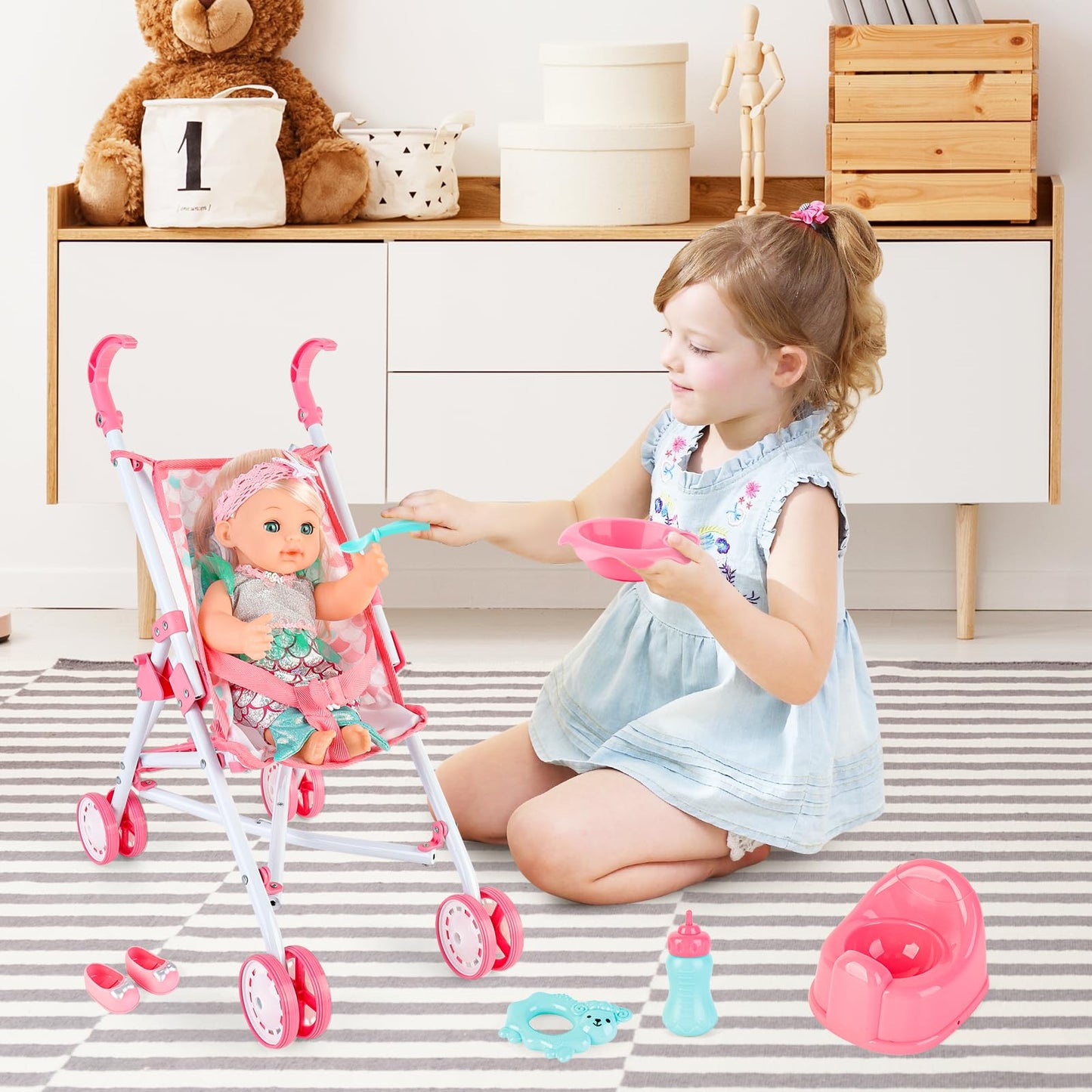 deAO Baby Doll Stroller Playset,5-in-1 with 12-inch Doll Included,Foldable Stroller,Crib Bed & Play Mat - Fits 12 14 Inch Dolls,Pink Travel Toy Set for Toddlers Girls Boys