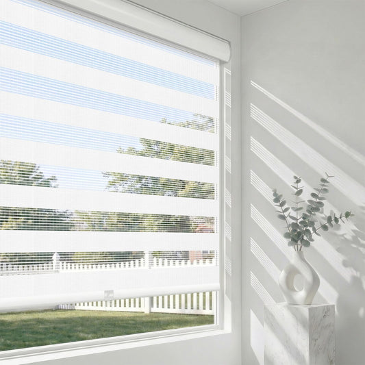 Artpuch Cordless Zebra Blinds for Windows (34" W X 48" H, White), Free-Stop Dual Layer Light Filtering Blinds for Indoor Windows with Valance, Sheer Privacy Window Shades for Home