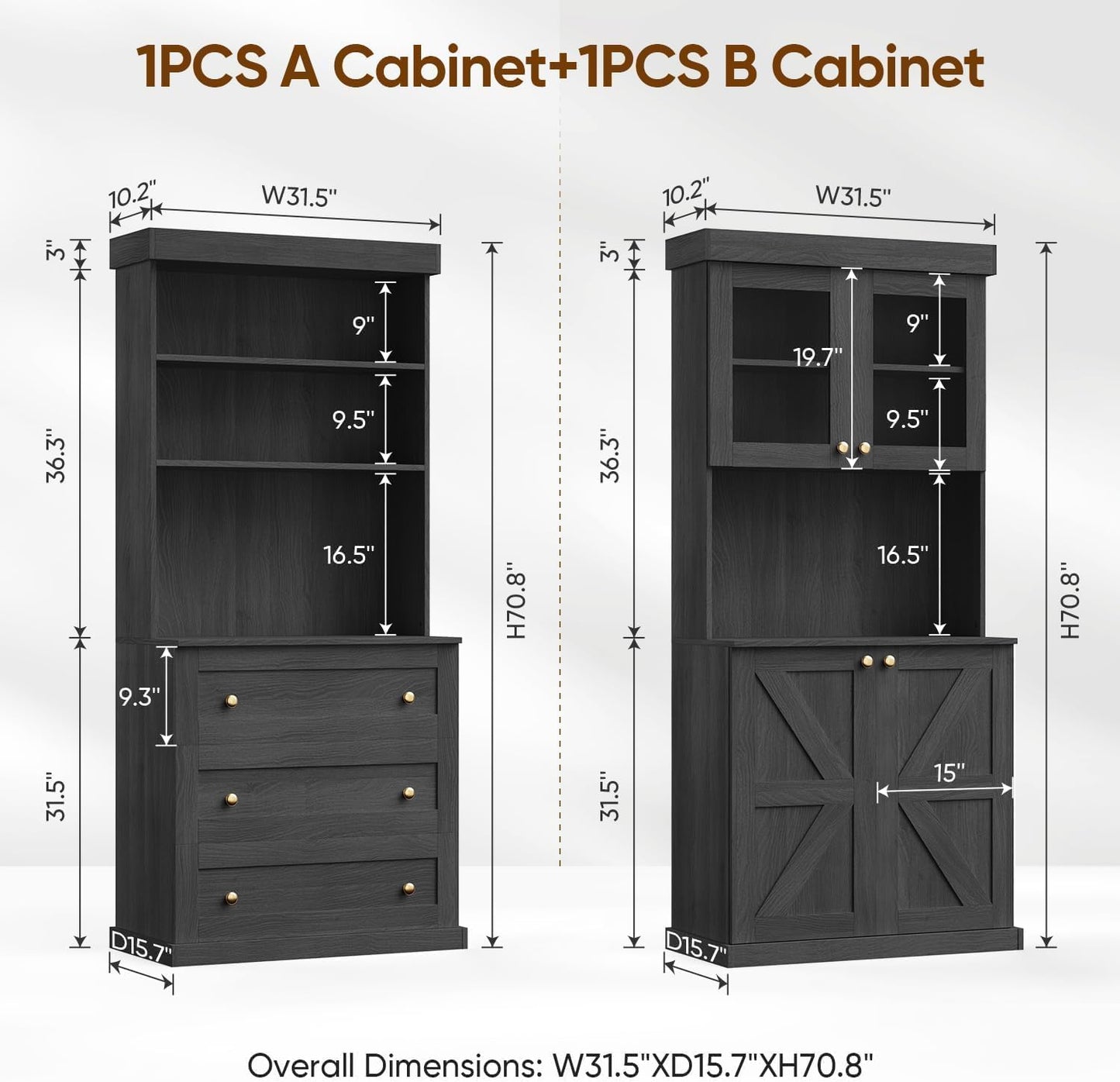 Vyre 71" Farmhouse Pantry Cabinet Set of 3, Large Storage Hutch with Glass Doors, Drawers and Adjustable Shelves, Freestanding Coffee Bar with Microwave Stand for Kitchen or Living Room, Black