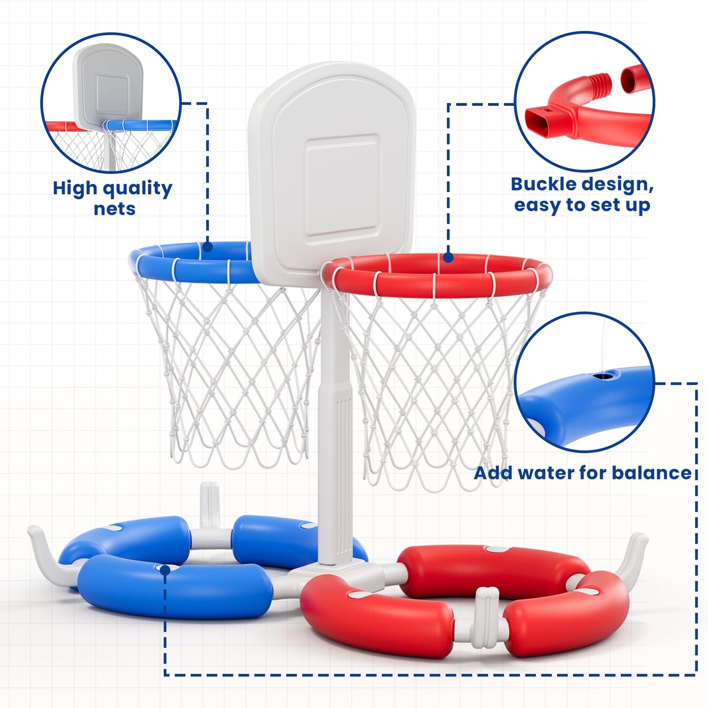 HYES Double Pool Basketball Hoop with Backboard, 2-in-1 Floating Pool Toys Ring Toss Game, 2 Player Games Summer Outdoor Water Toys Gifts for Kids Ages 4-8 8-12 & Adults, Family Swimming Pool Party