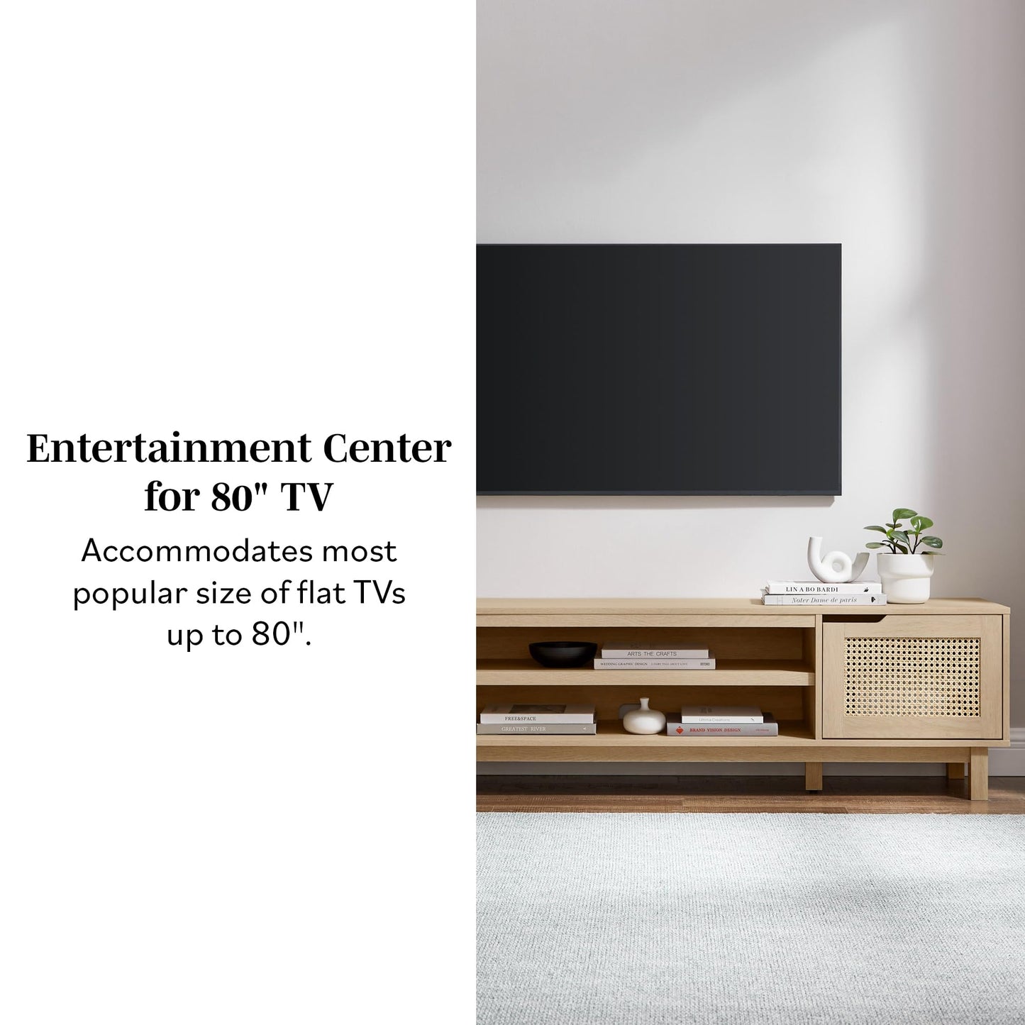 Walker Edison Destin Modern Minimal Rattan-Door TV Stand for TVs up to 80 Inches, 70 Inch, Coastal Oak
