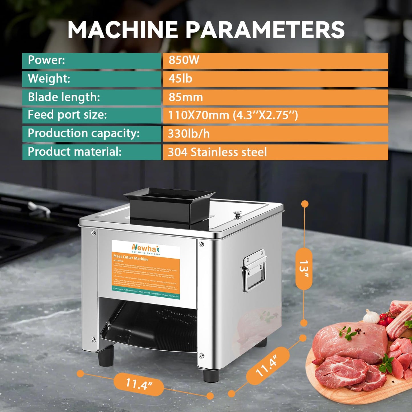 Newhai 850W Meat Cutter Machine 5mm Electric Meat Slicer Shredded Cutting Machine Stainless Steel 330lb/h for Boneless Pork Chicken Fish for Family Commercial Use (Meat thickness: 5mm)