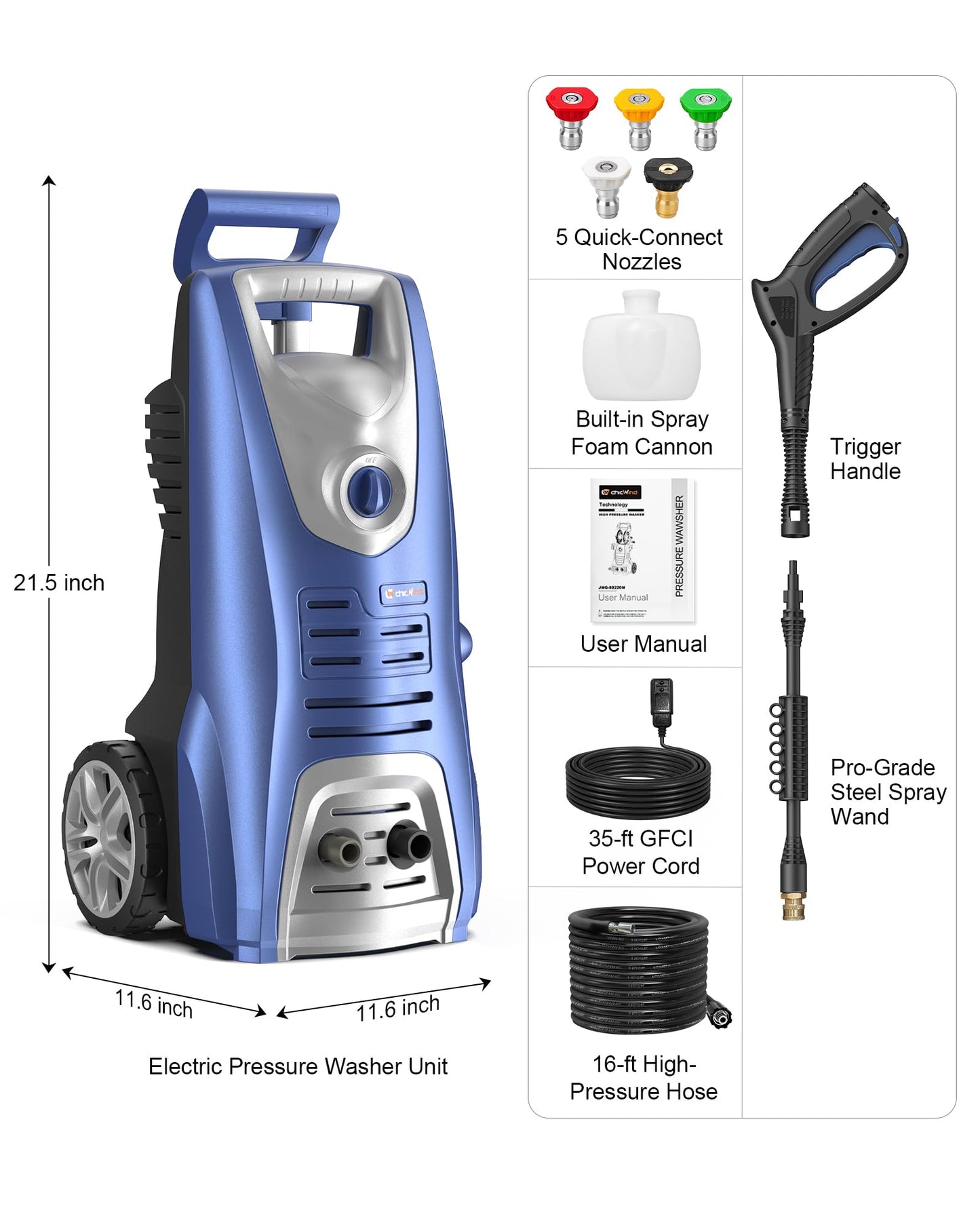 1600W Washer with 5Nozzles Set&Foam Cannon,16ft Hose,Adjustable Handle,Power Washer for Driveways, Cars, Fences, Decks, Patios&Outdoor Cleaning