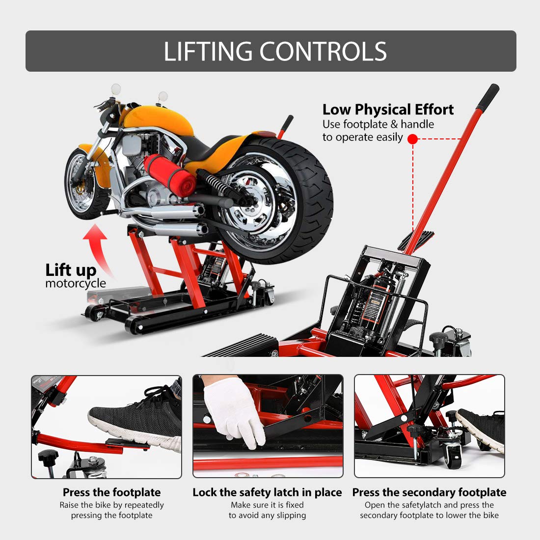 VIVOHOME 1500 LBS Hydraulic Motorcycle Lift Jack, Heavy-Duty Steel ATV Lift Stand with Wheels & Handle, for Motorcycles, Dirt Bikes, ATVs (Red)