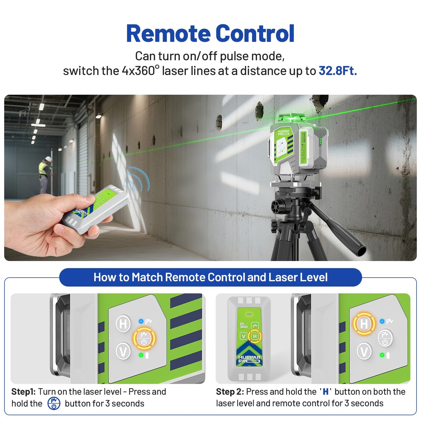 Huepar Pro Laser Level 360 Self Leveling, 4x360°Green Cross Line Laser Tool with Remote Control & 8000mAh Rechargeable Li-ion Battery, High Accuracy 4D Laser for Construction, Magnetic Bracket -ZK04CG