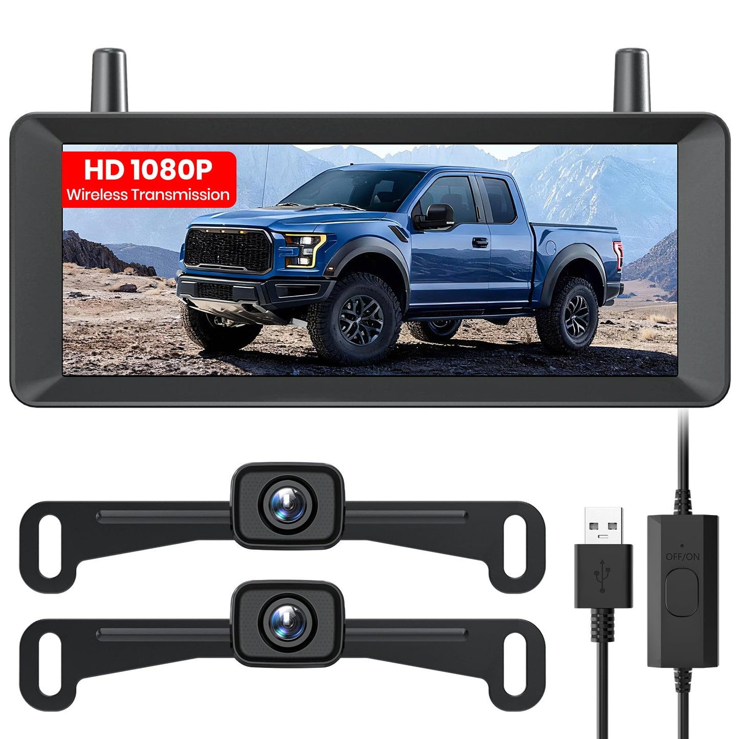 AUTO-VOX 2 Wireless Backup Camera: 7.2" USB-Powered Dual Split-Screen 1080P HD Monitor with DVR Recording, Front and Rear Coverage, Stable Signal, Back Up Camera for Pickup, Trailer, SUV