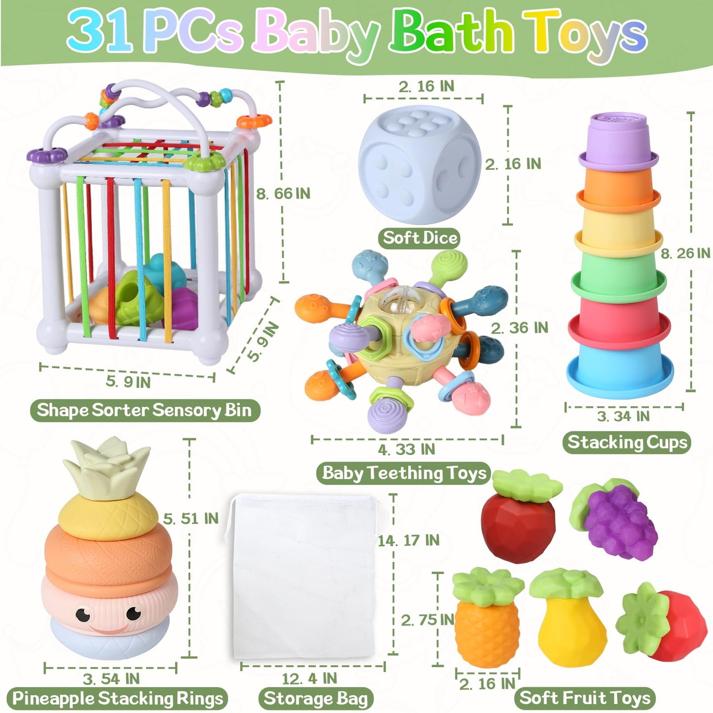 6-in-1 Montessori Baby Toys for 6-12-18 Months, Fun Infant Toys with Shape Sorter Sensory Bin, Stacking Rings, Bath Toys,Soft Fruit, Learning Developmental Toys Gifts for 1 2 3 Year Old Boys Girls
