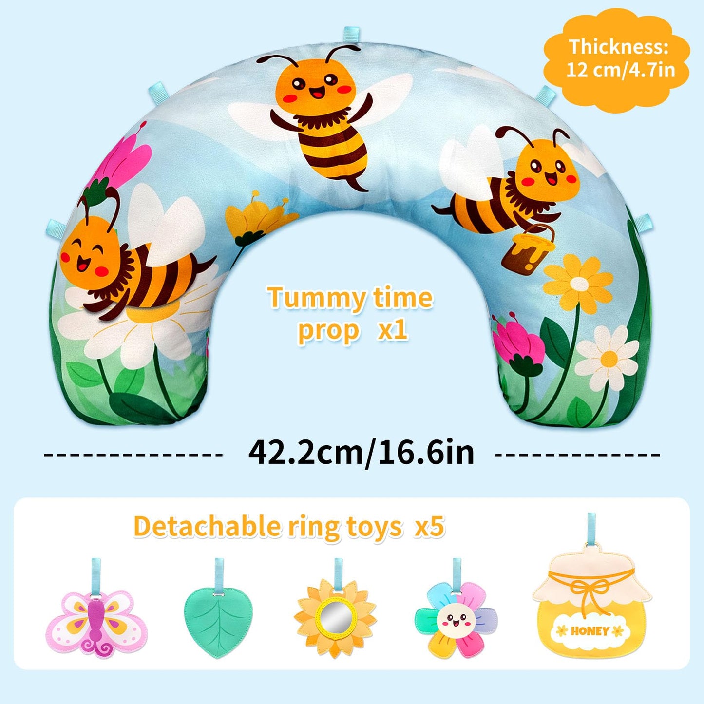 BOHEMIABY Bee Toddler Sensory Activity Toys, Newborn Crawling Companion with Removable Sunflower Mirror, Butterflies, Honey Pot Zipper Pockets Toys for 0-6 Months Babies