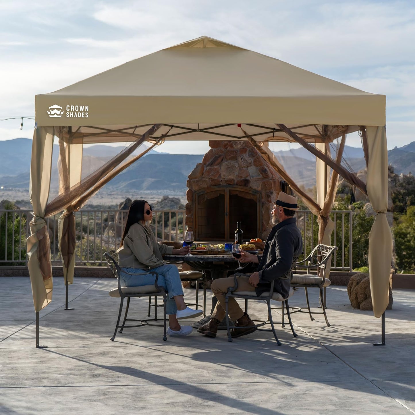 CROWN SHADES Gazebo 10x10 Pop Up Canopy with Mosquito Netting, Screen Tent with 4 Ropes, 8 Stakes, 4 Sandbags and Wheeled Storage Bag, Canopy for Patio & Backyard Parties,Camping&Events -(Beige)