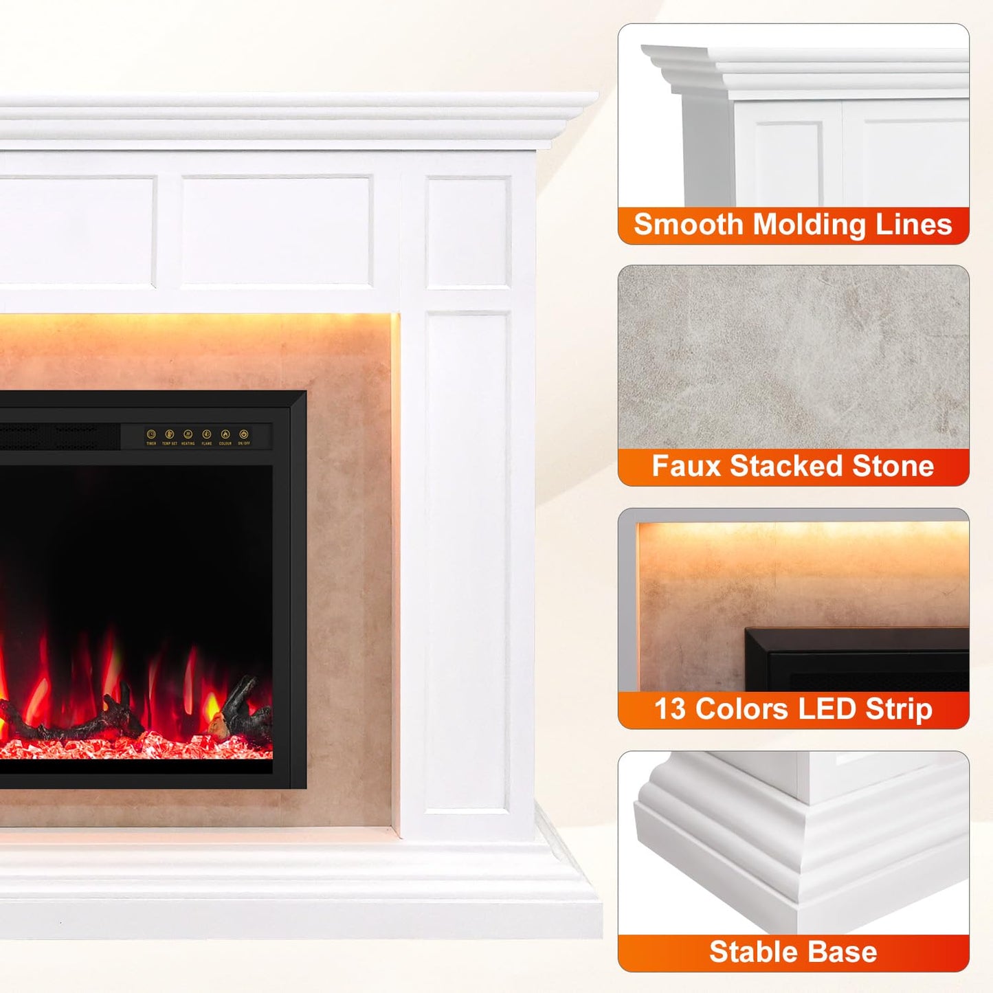Electric Fireplace Mantel with Grey Marble Finish, 69” Fireplace TV Stand with 42”Electric Fireplace Heater, Remote Control, Adjustable Led Flame, Corner Fireplace for Living Room, Bedroom, White