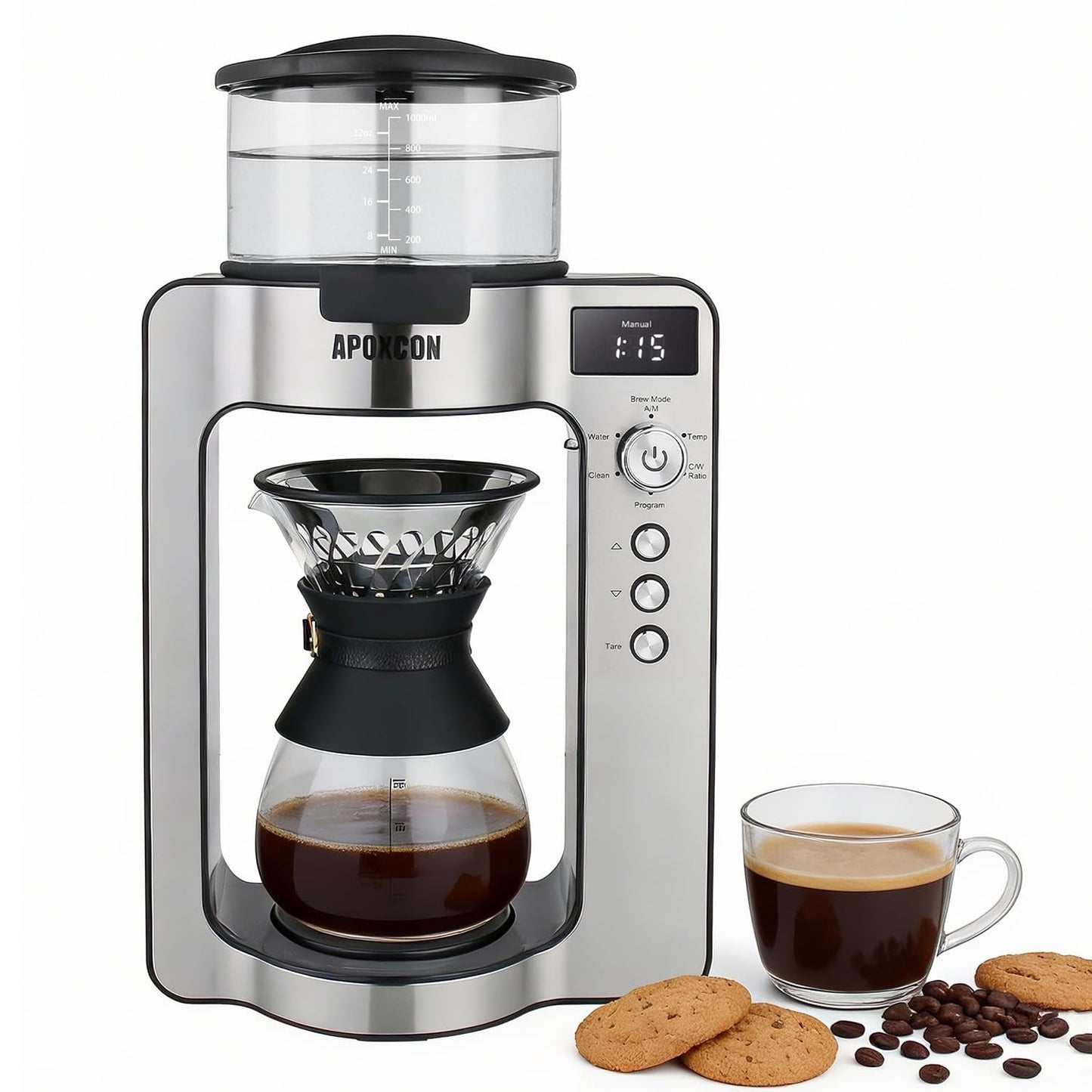 APOXCON Drip Coffee Machine with Carafe, Pour Over Coffee Maker with Auto & Manual Mode, 24-Hr Programmable Single-Serve Brewer, Built-in Scale, Stainless Steel Filter - 1L