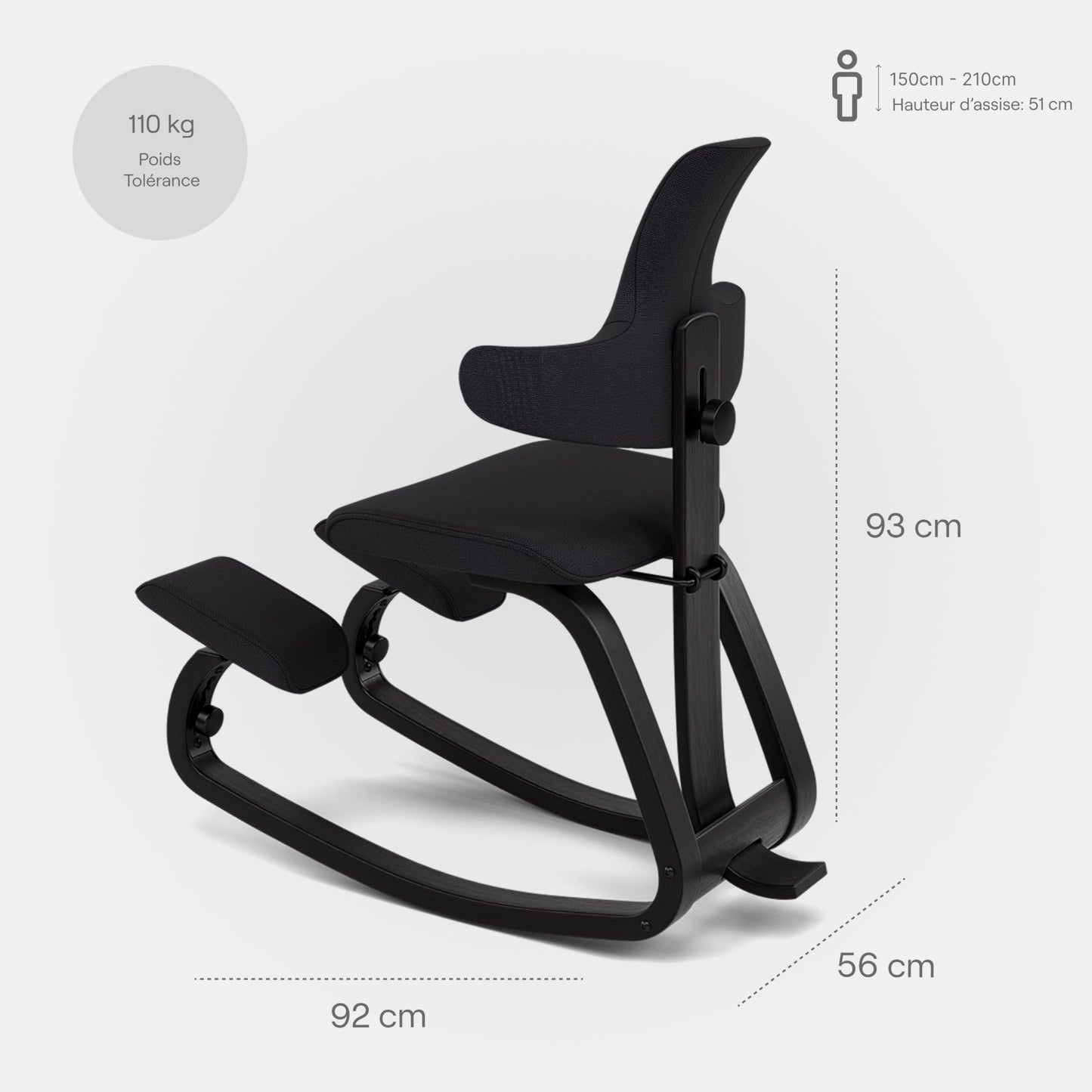 Varier ThatSit Balans Adjustable Ergonomic Kneeling Chair with Backrest, 10-Year Limited Warranty, Designed by Peter Opsvik, Black/Black