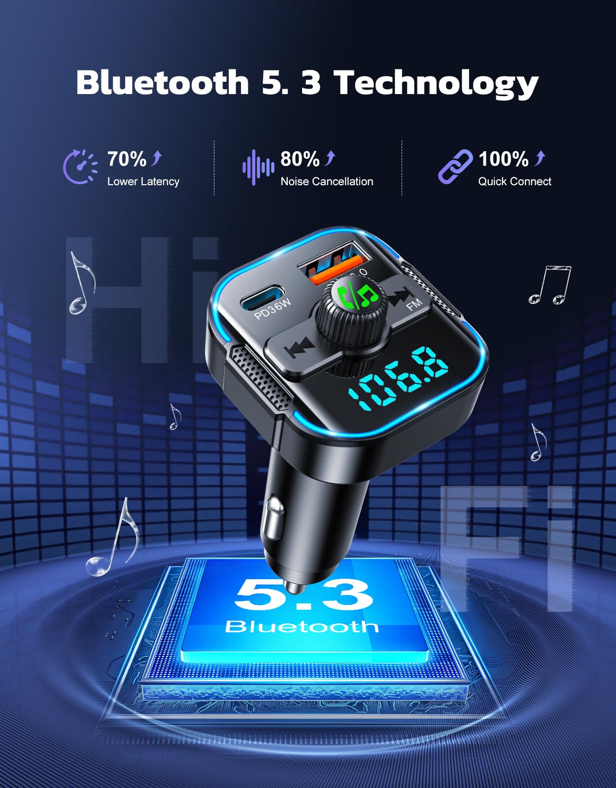 RIWUSI Bluetooth 5.3 Car Adapter【PD 36W+QC3.0 18W】, 2-in-1 FM Bluetooth Transmitter 【Dual Stronger Mics】& Fast Car Charger, Wireless FM Radio Adapter Hands-Free Calling, Siri Assistant, Black