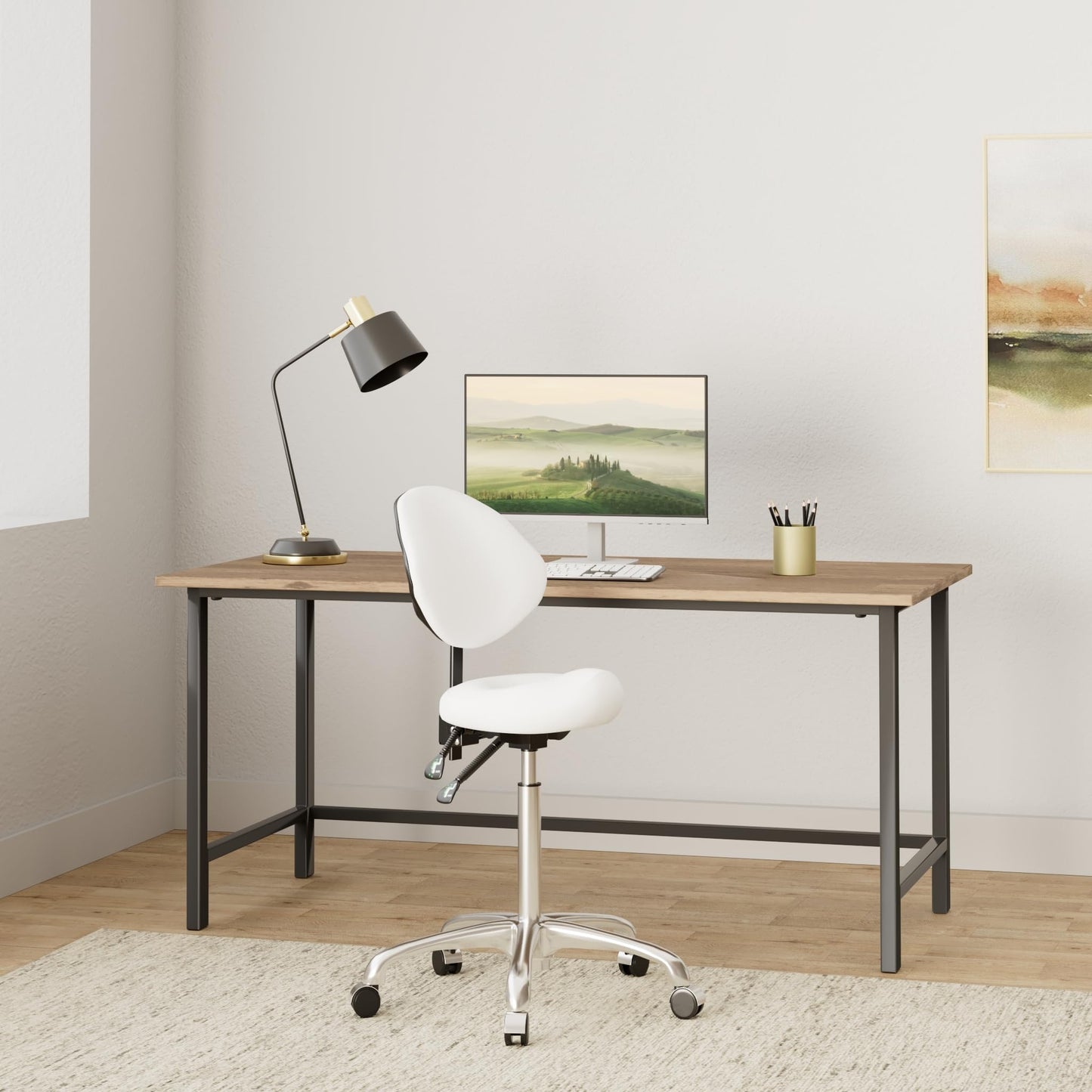 Kaleurrier Ergonomic Rolling Swivel Saddle Stool with Wheels - Hydraulic Lifting Height Adjustable Saddle Chair for Clinic Hair Salon Lab Kitchen Office Drafting Chairs (White, with Back)