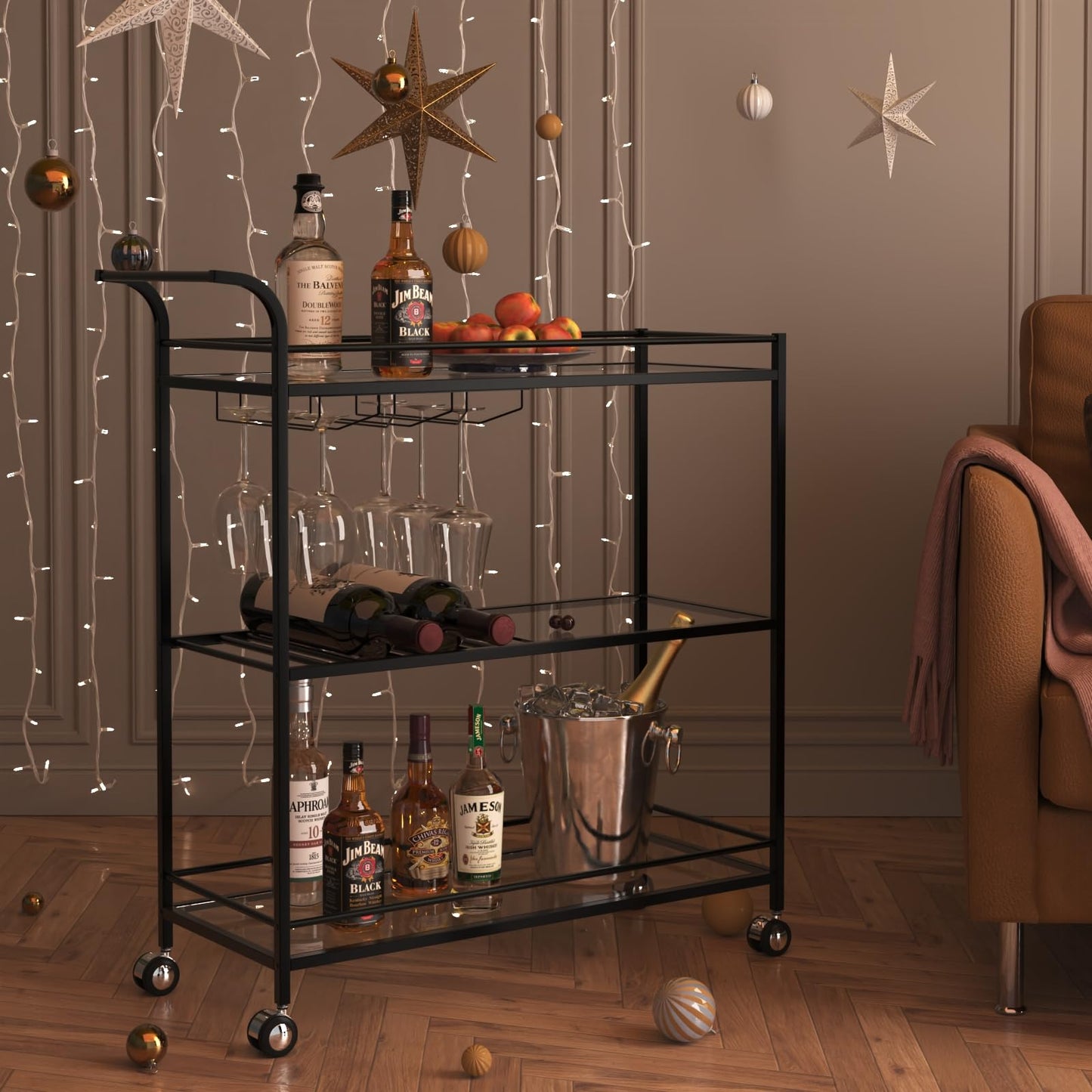 Alihdrna Black Bar Cart, Home Bar Serving Cart with Handle, Wine Cart with 3-Tier Glass Shelves, Beverage Cart with Wine Rack and Glass Holder, Bar Carts for The Home, Dining Room, Living Room