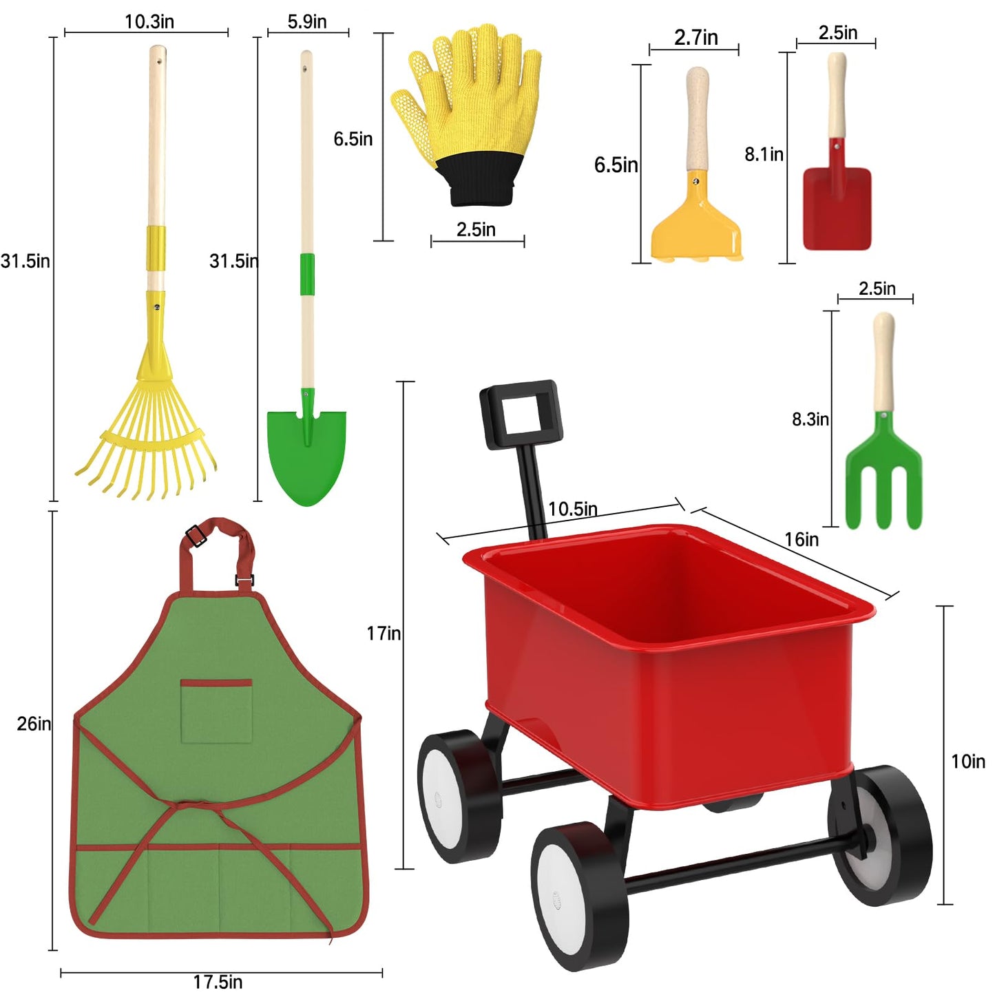 Qtioucp Kids Gardening Wheelbarrow Set, Metal & Wooden Garden Tools for Kids Ages 3-8, Real Wheelbarrows with Apron, Gloves & STEM Guide, Outdoor Backyard Garden Toy Gift