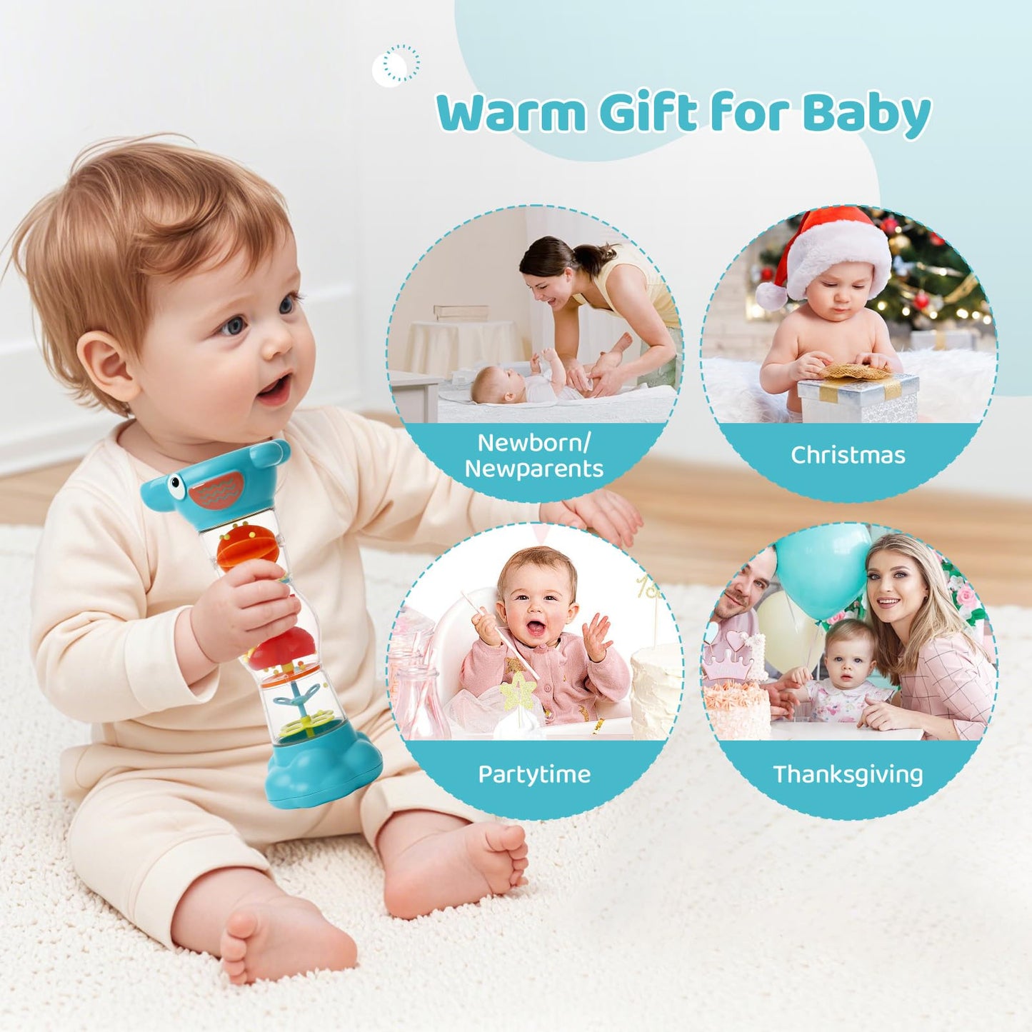 Montessori Baby Toys for 6-12 Months 1 Year Old,Rain Stick Baby Rattle Shaker Infant Sound Toy 9.8” Rainmaker Musical Sensory Toys for 6 7 8 9 10 Months Newborn Toddlers Gifts-Blue