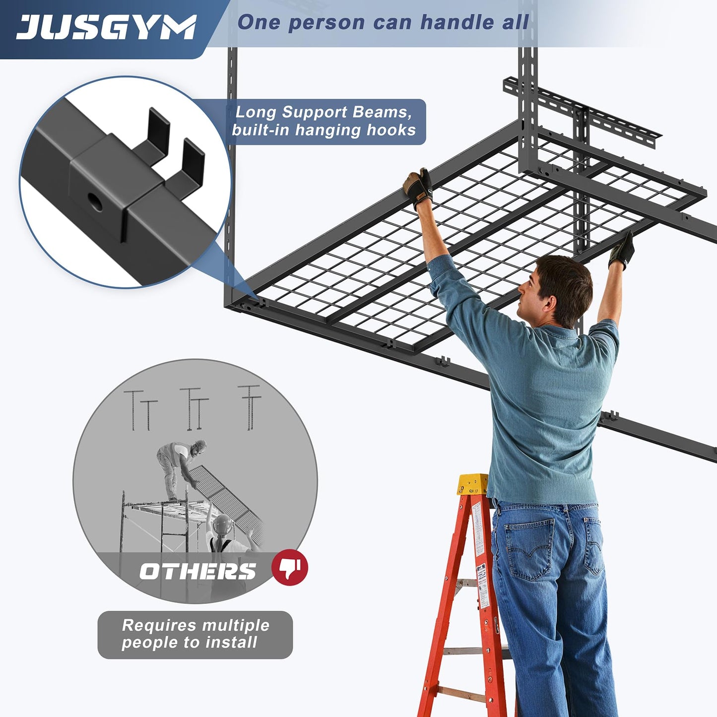 Jusgym 4X8FT Overhead Garage Storage Rack and 49.4" Large Power Tool Organizer Wall Mount