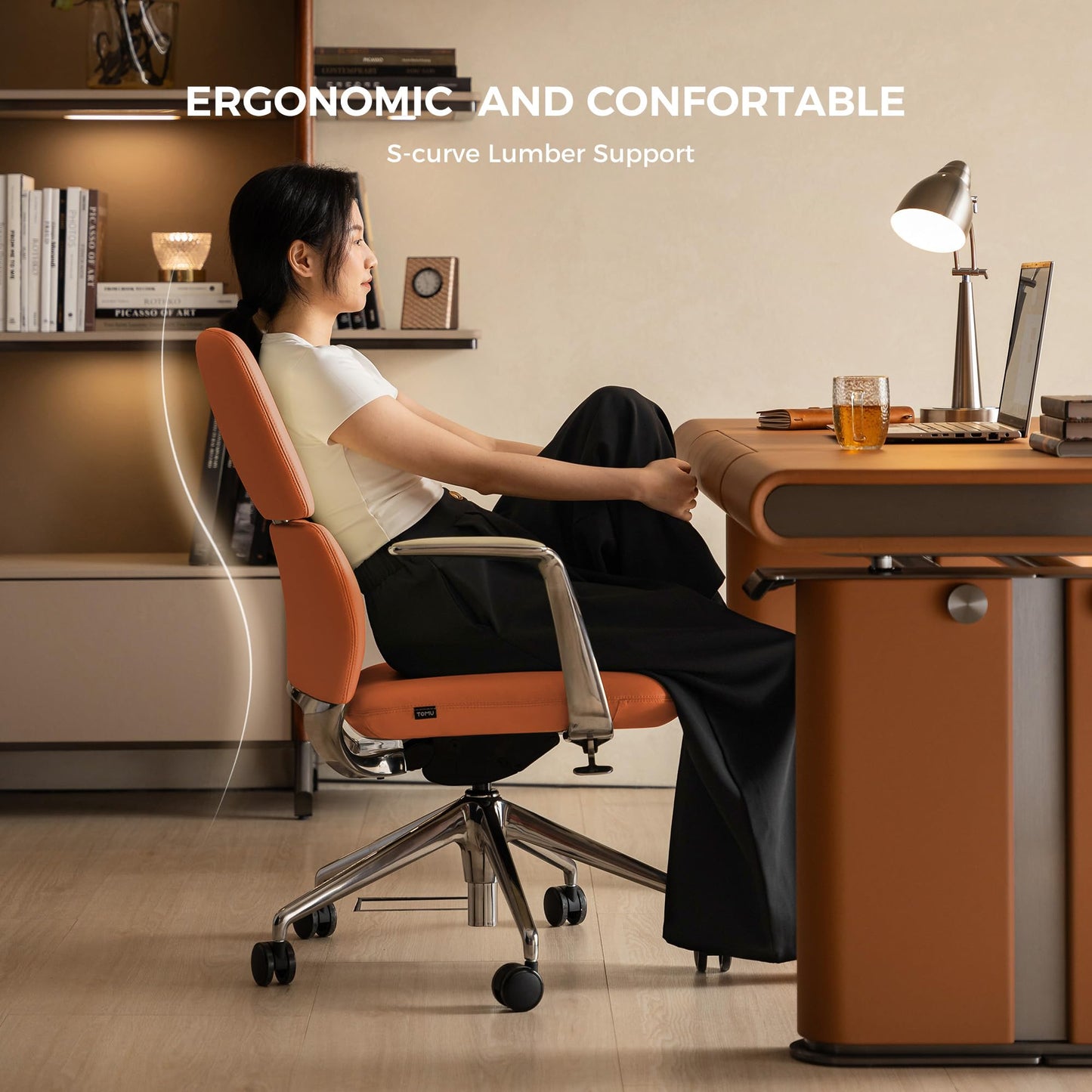 TOMU Genuine Leather Office Desk Chair with Wheels, Ergonomic Leather Executive Chair, Mid Back, Swivel Base with Adjustable Tilt, Modern Style, Luxury Aluminum Frame (Orange)