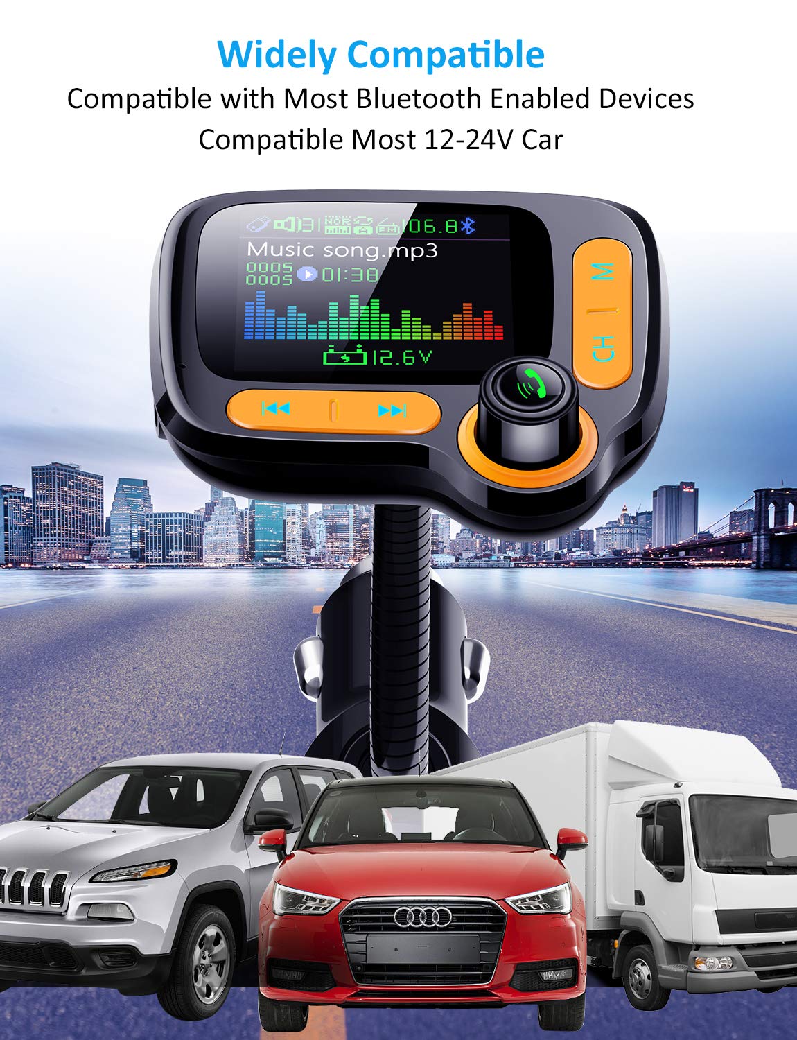 TSNAM Bluetooth FM Transmitter Car Adapter,Support Wireless Handsfree Call and MP3 Music/APP Audio Play,1.8" Color Screen,3 USB Charger,3.5mm AUX Port,Compatible with iPhone,iPad,Samsung and More