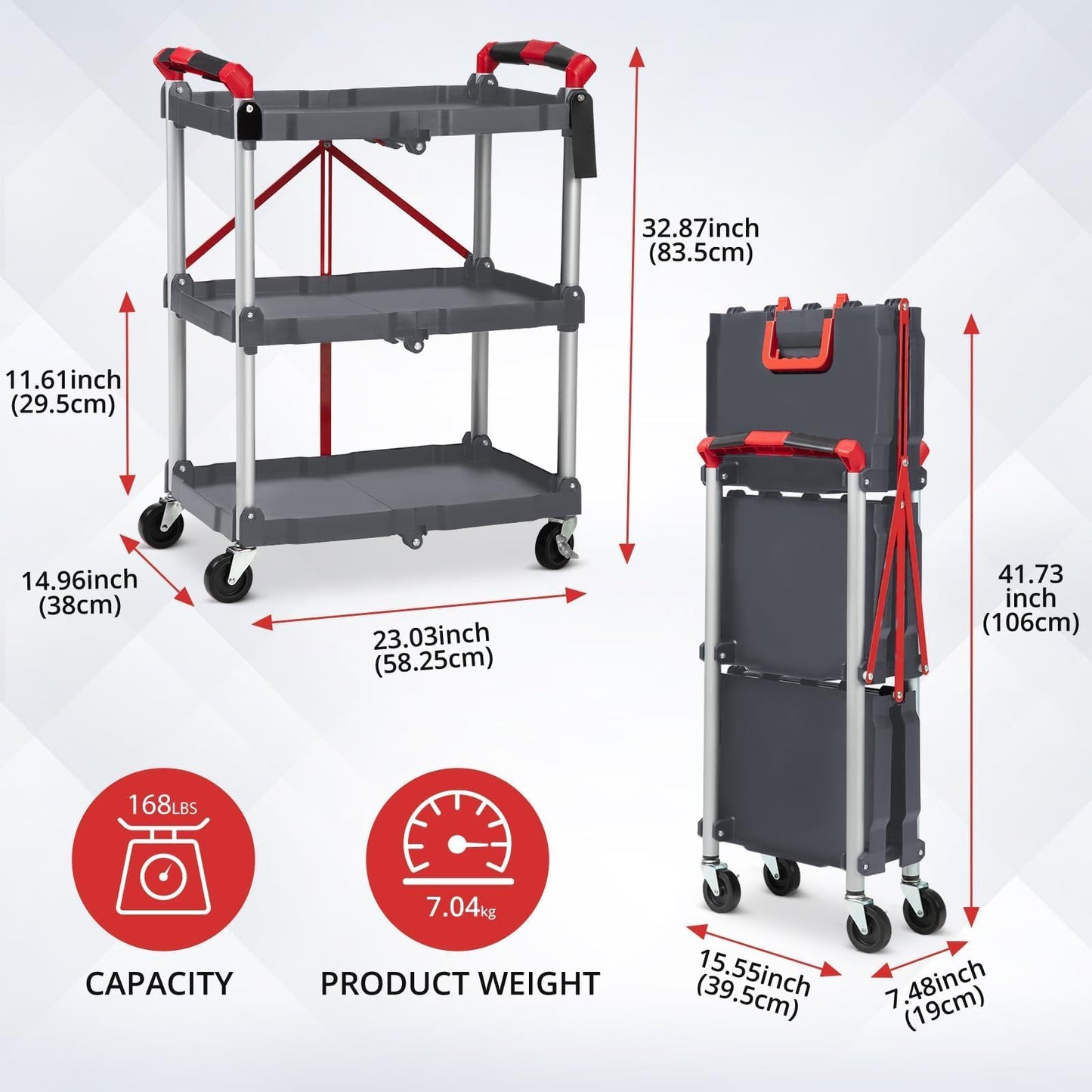 3-Tier Holds Foldable Utility Carts, Collapsible Service Rolling Carts with Wheels， for Home, Office, Garage, and Warehouse，No Installation Required