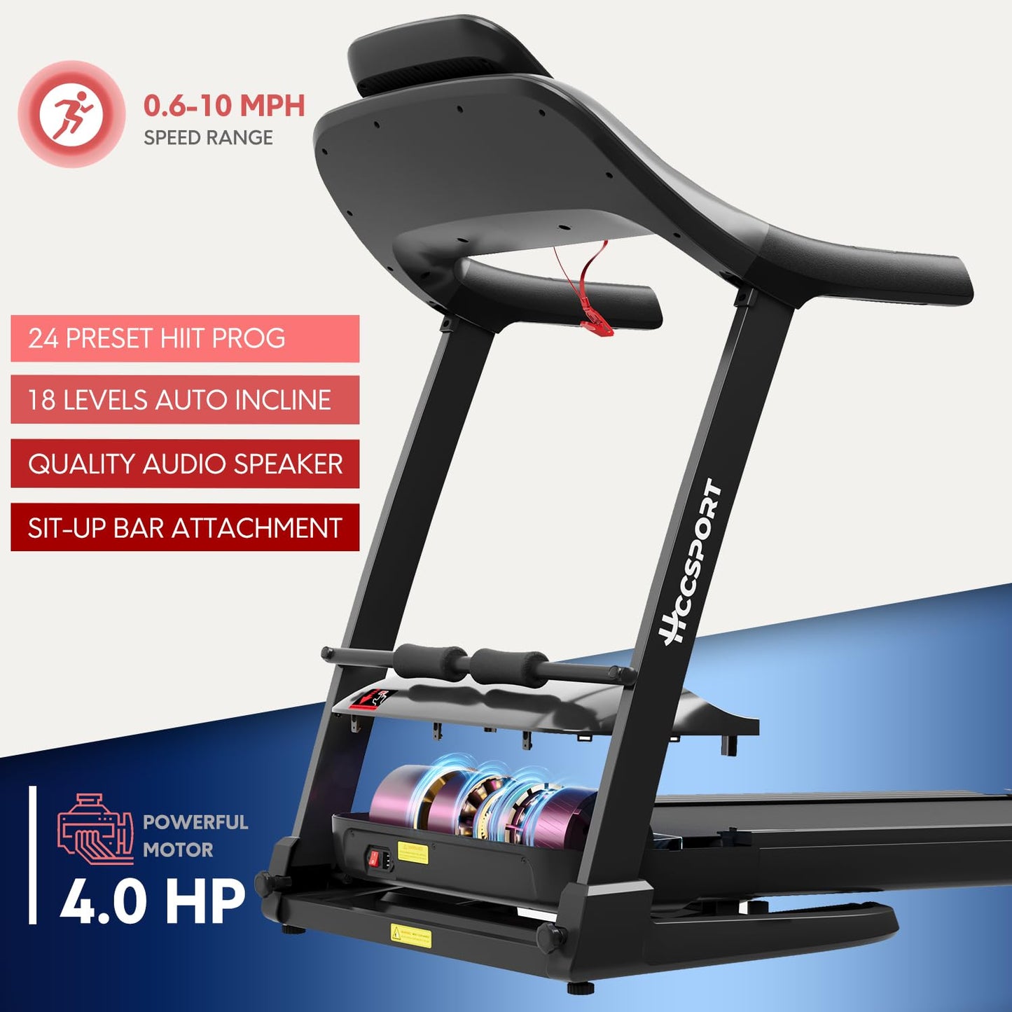 Hccsport Walking Treadmill with 16% Auto Incline, Air Cushioning Shock Absorption 300+ Weight Capacity Foldable Treadmill for Home Office with Pulse Sensors, 10 Mph Speed 18.5'' Wide Belt Quiet Motor