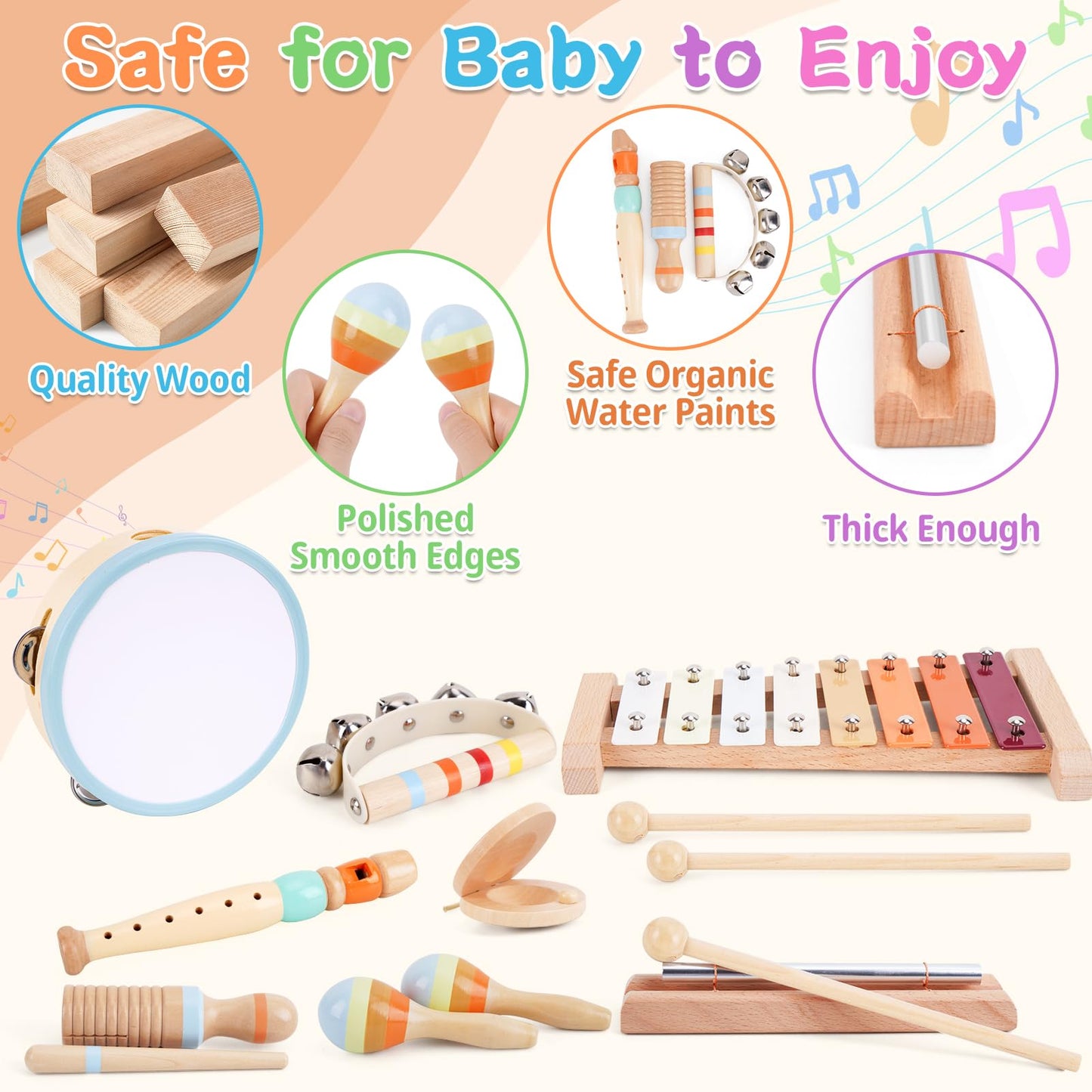 Wooden Toddler Musical Instruments Set, Montessori 18 Month Old Baby Musical Toys, Kids Percussion Instruments Xylophone Maracas for Toddlers 2 3 4, Preschool Christmas Birthday Gifts for Girls Boys